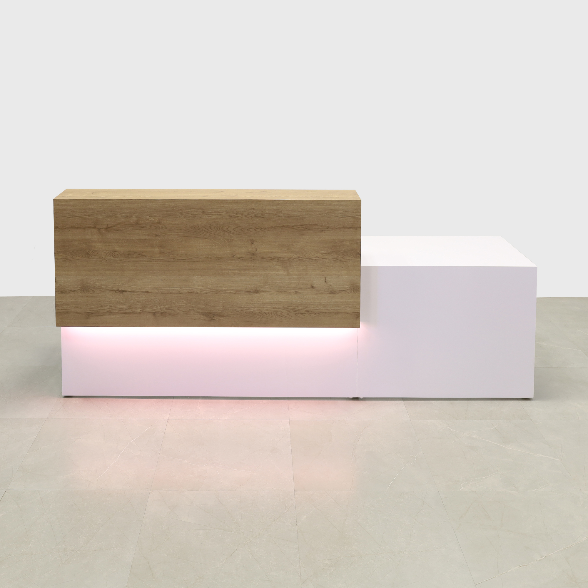 Los Angeles Long and ADA Compliant Custom Reception Desk in urban oak laminate counter and white matte laminate desk, with warm white LED shown here.