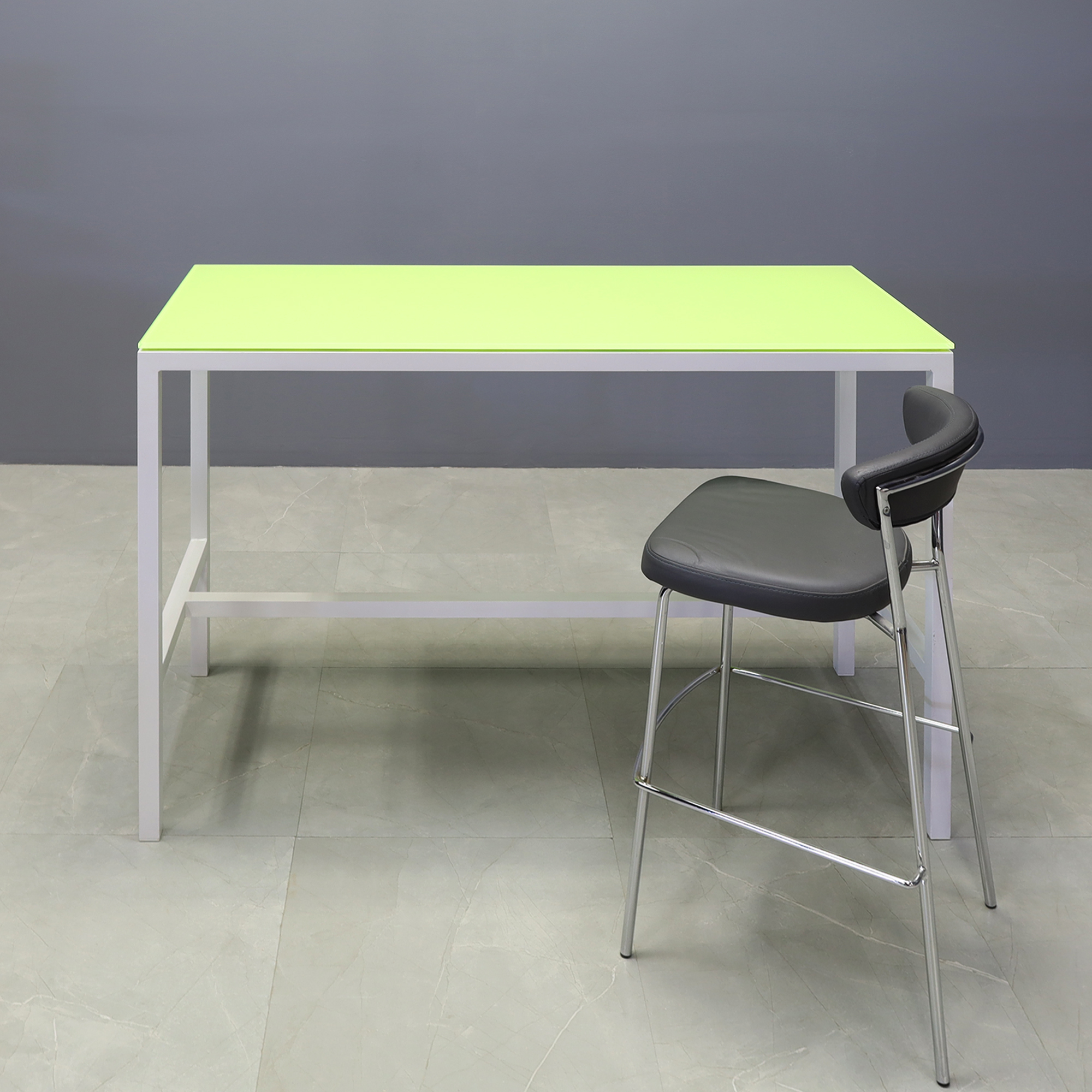 Aspen Tempered Glass Bar Table in lime top and white aluminum frame shown here.