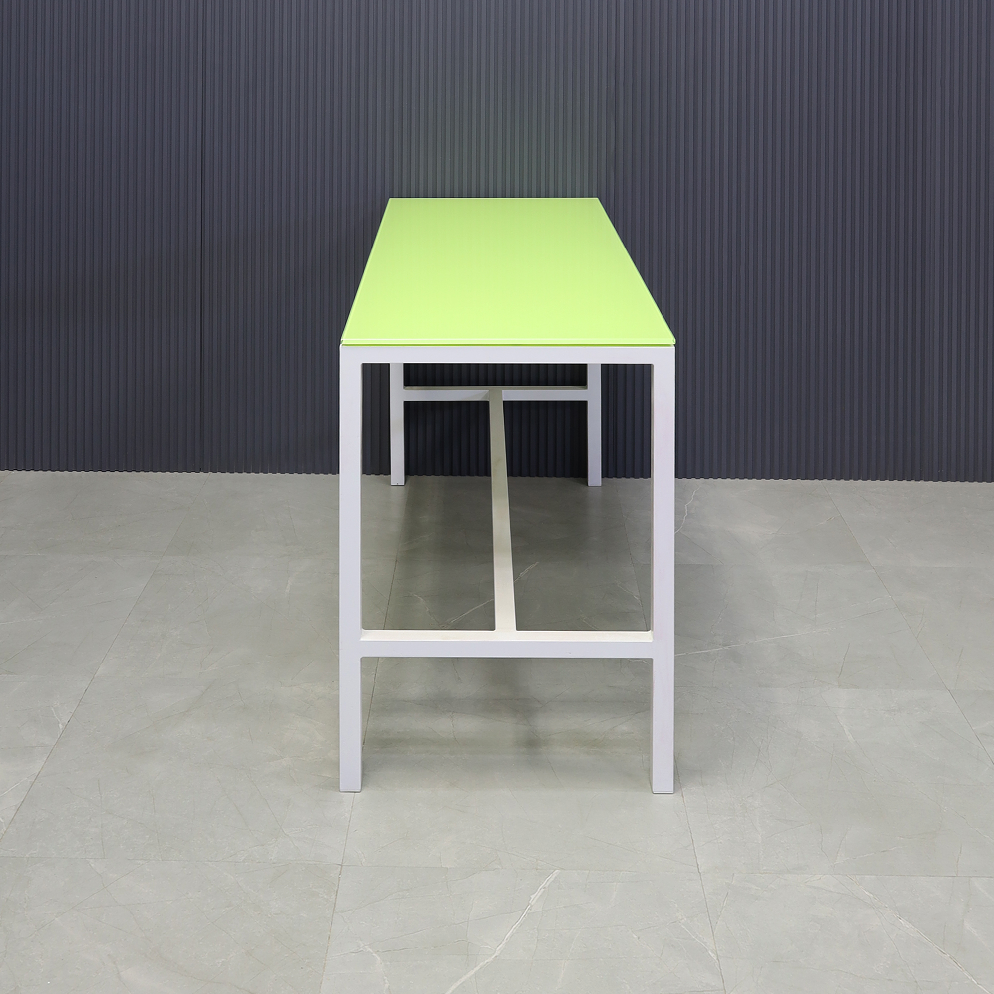 Aspen Tempered Glass Bar Table in lime top and white aluminum frame shown here.