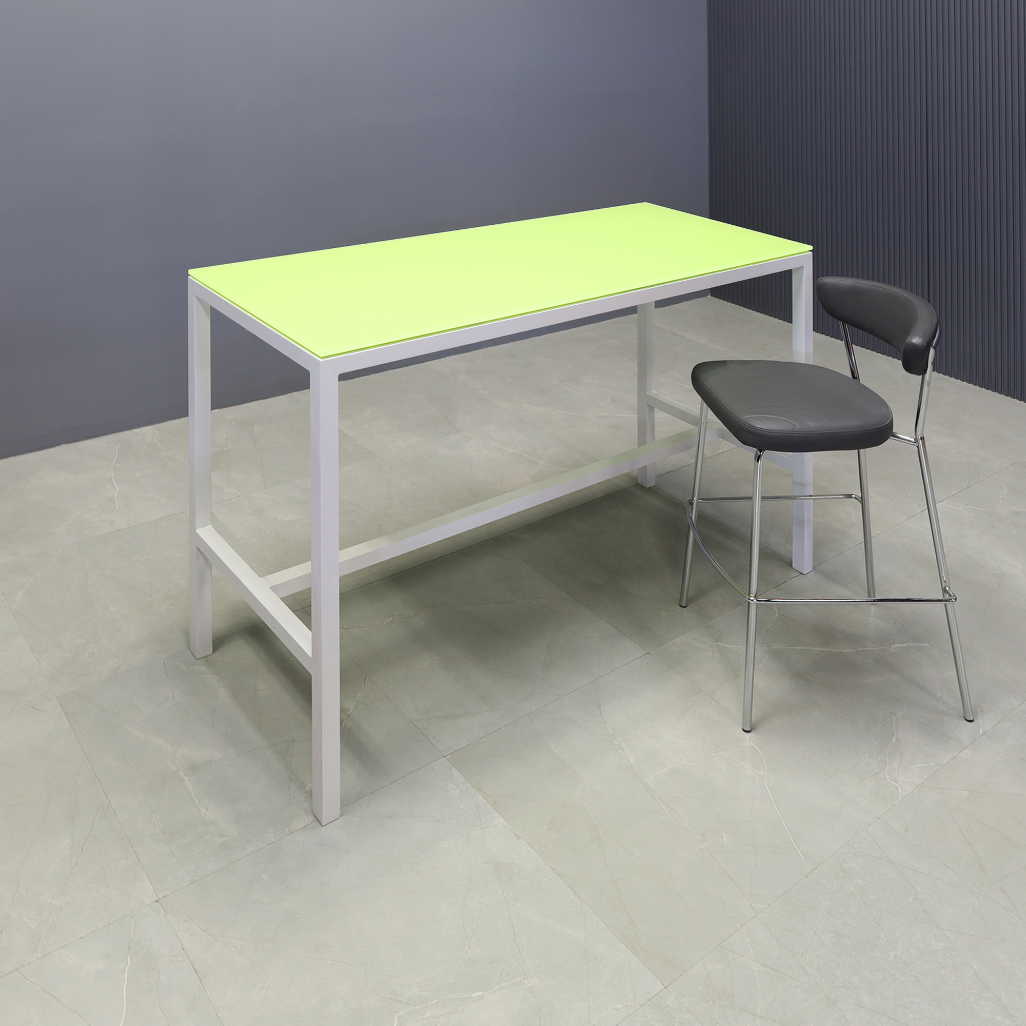 Aspen Tempered Glass Bar Table in lime top and white aluminum frame shown here.
