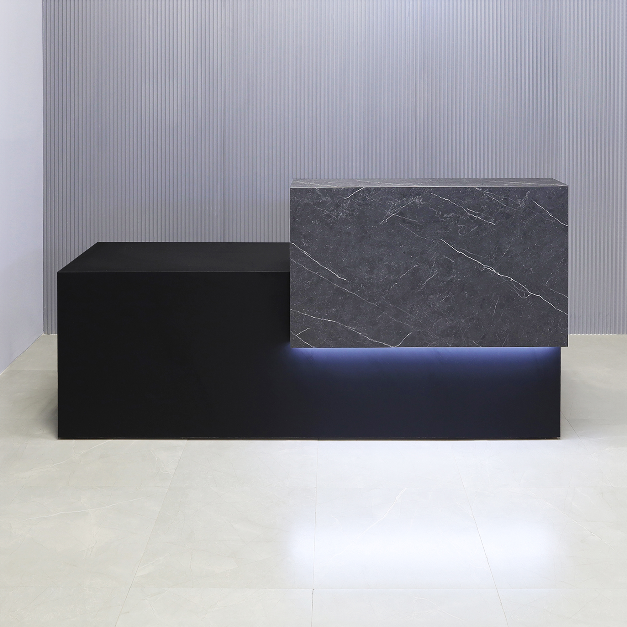 90-inch Los Angeles Custom Reception Desk with the counter on the right side when facing front in black stone PVC, and black traceless laminate desk, with white LED, shown here.