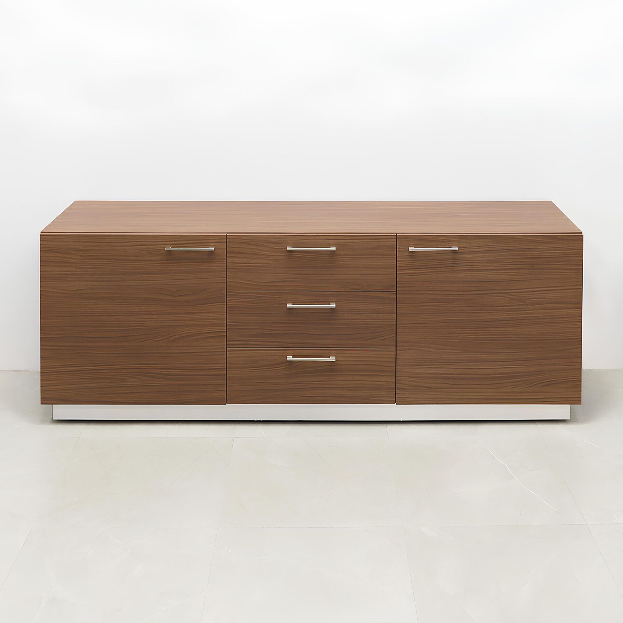 60-inch Manhattan Storage Credenza with calcutta stone PVC laminate credenza, maple tambour doors & drawers, and brushed aluminum toe-kick.