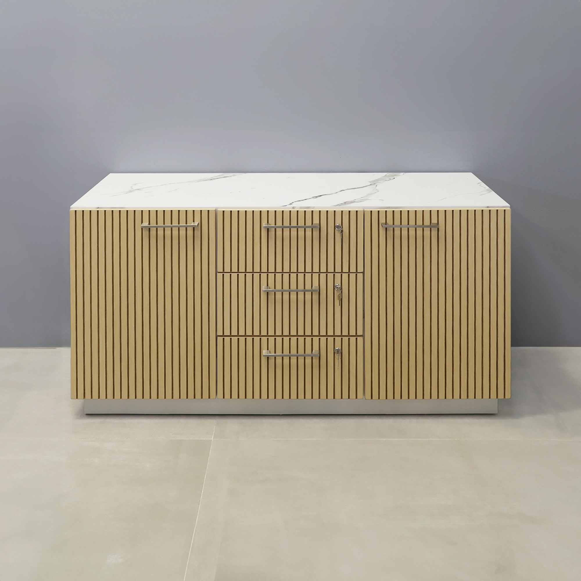 60-inch Manhattan Storage Credenza with calcutta stone PVC laminate credenza, maple tambour doors & drawers, and brushed aluminum toe-kick.