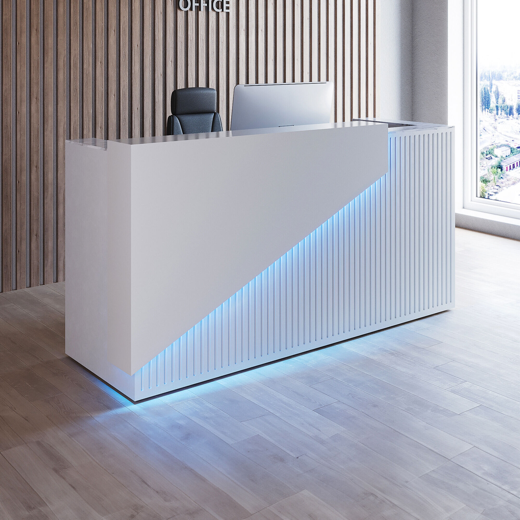 84-inch Miami Custom Reception Desk in white gloss laminate counter, white gloss laminate grooved front panel and desk, with color LED, shown here.