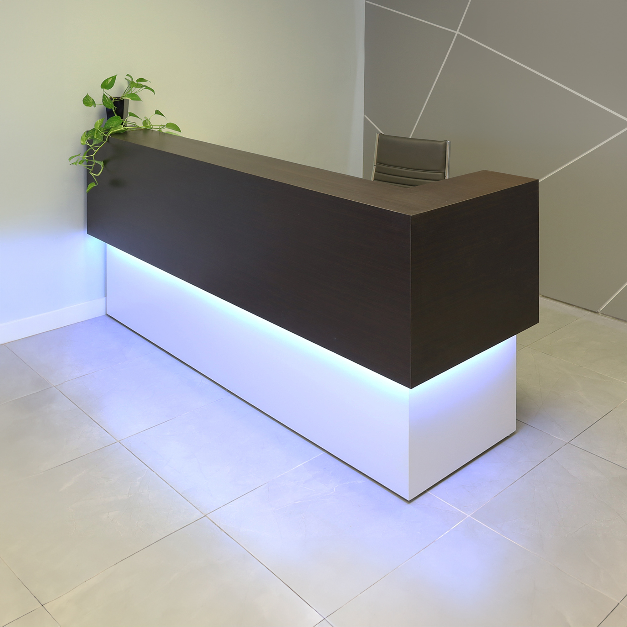 90-inch San Francisco L-Shape Reception Desk, right l-panel side when facing front in ebony recon matte laminate counter and white matte laminate desk, with color LED, shown here.