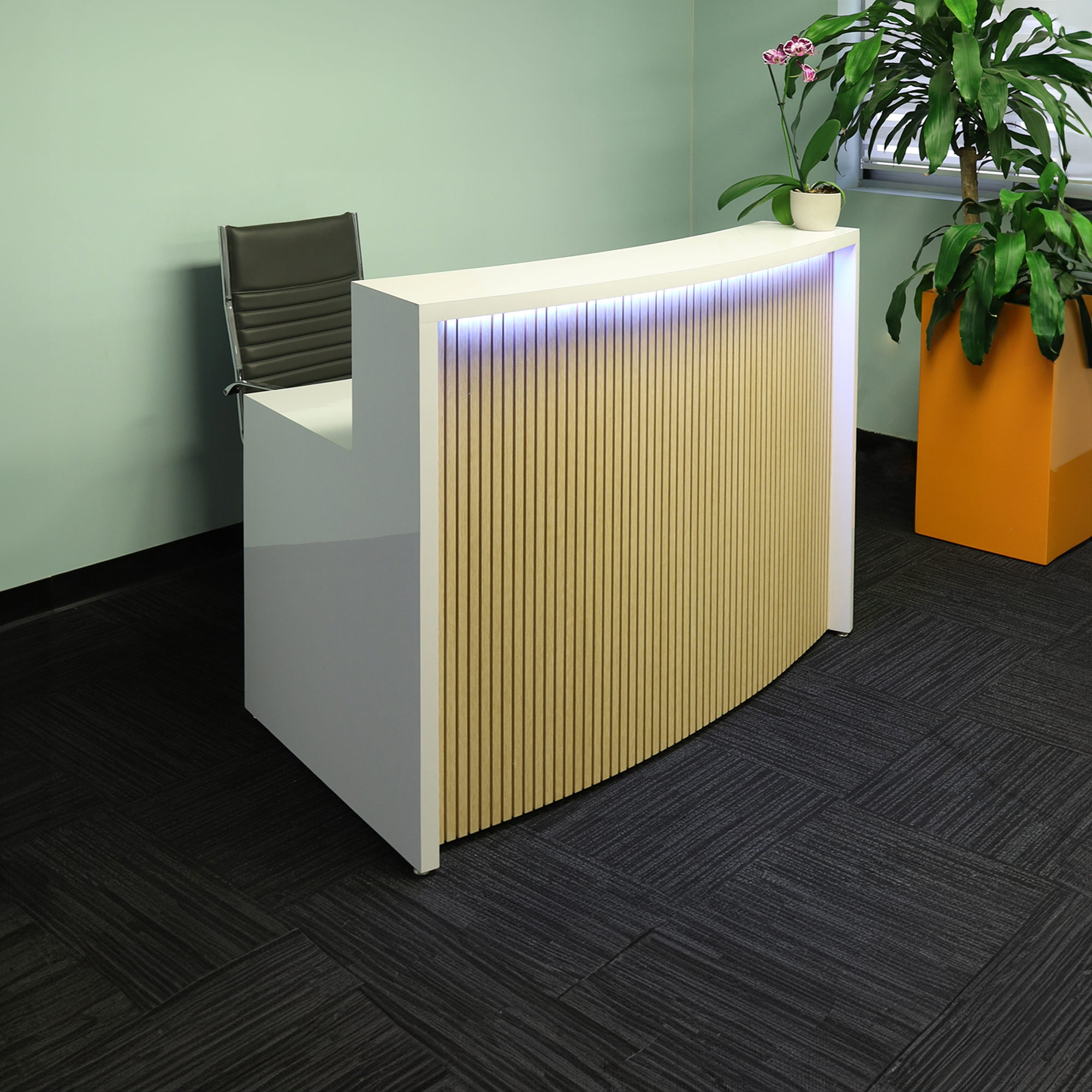 72-inch Seattle X1 Custom Reception Desk in white gloss laminate desk and maple tambour on curved front panel, with multi-colored LED, shown here.