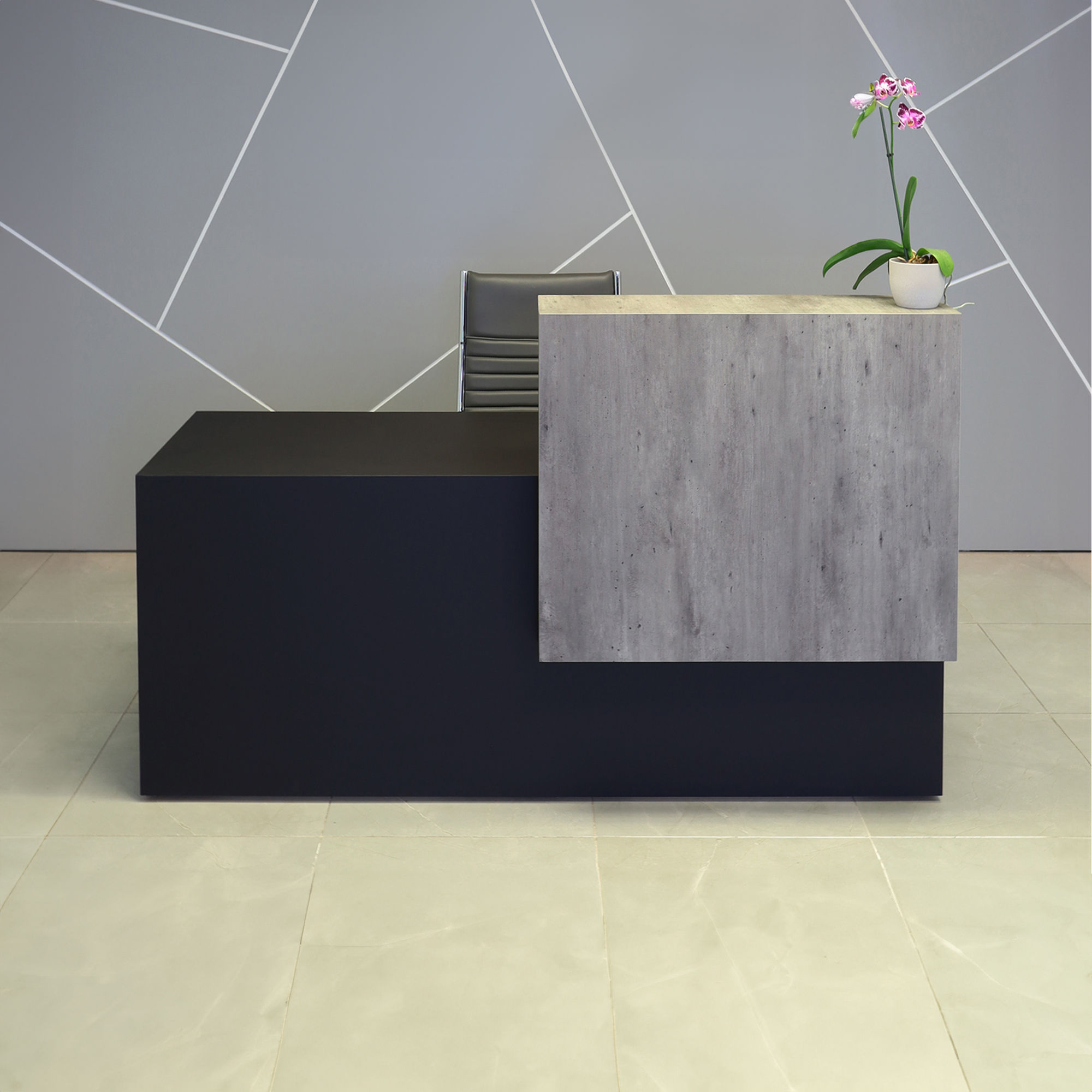 60-inch Los Angeles Custom Reception Desk in metropolitan concrete PVC laminate counter and black traceless laminate desk, shown here. 