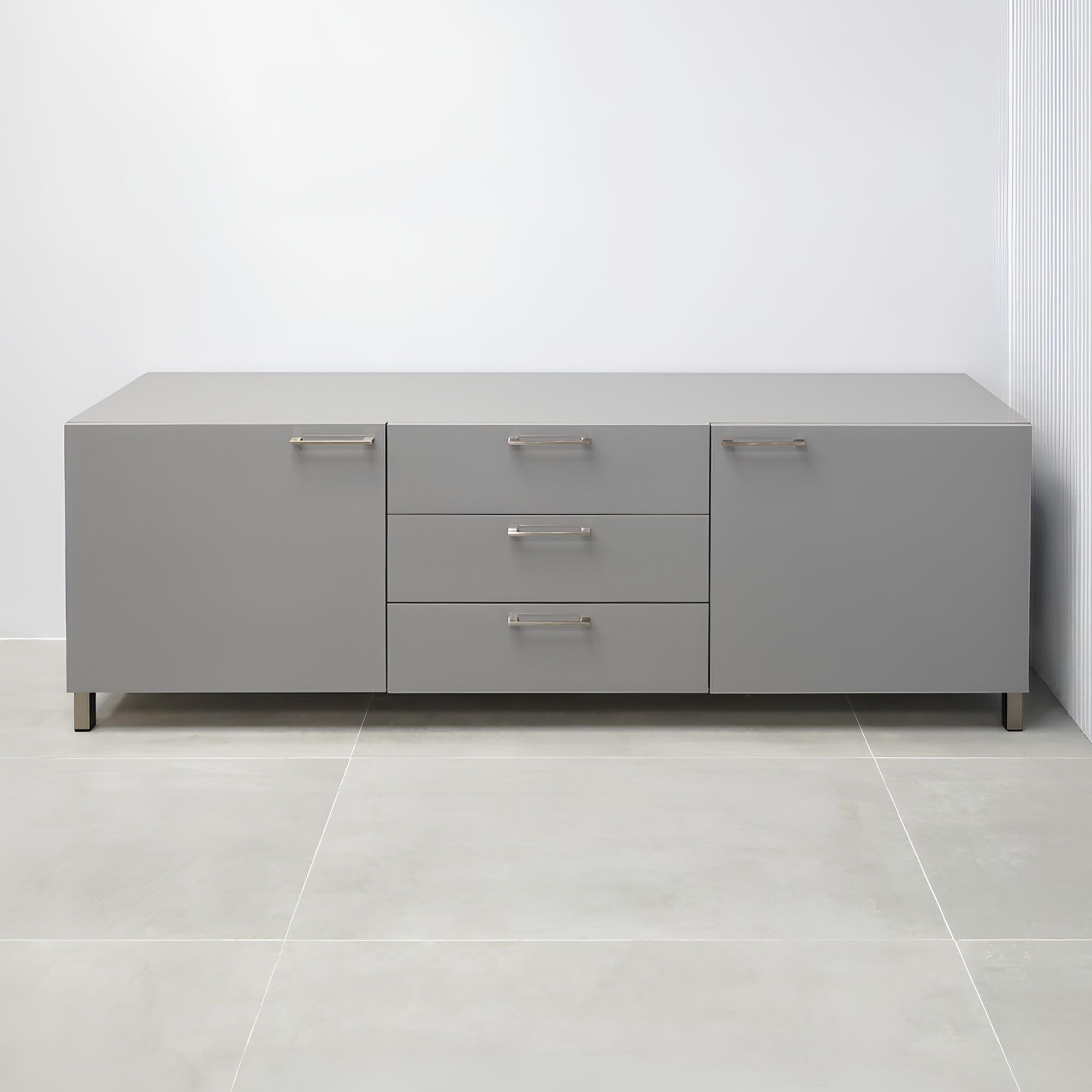 90-inch Naples Custom Storage Credenza in light gray gloss laminate credenza, and front drawers & doors, with chromed legs.
