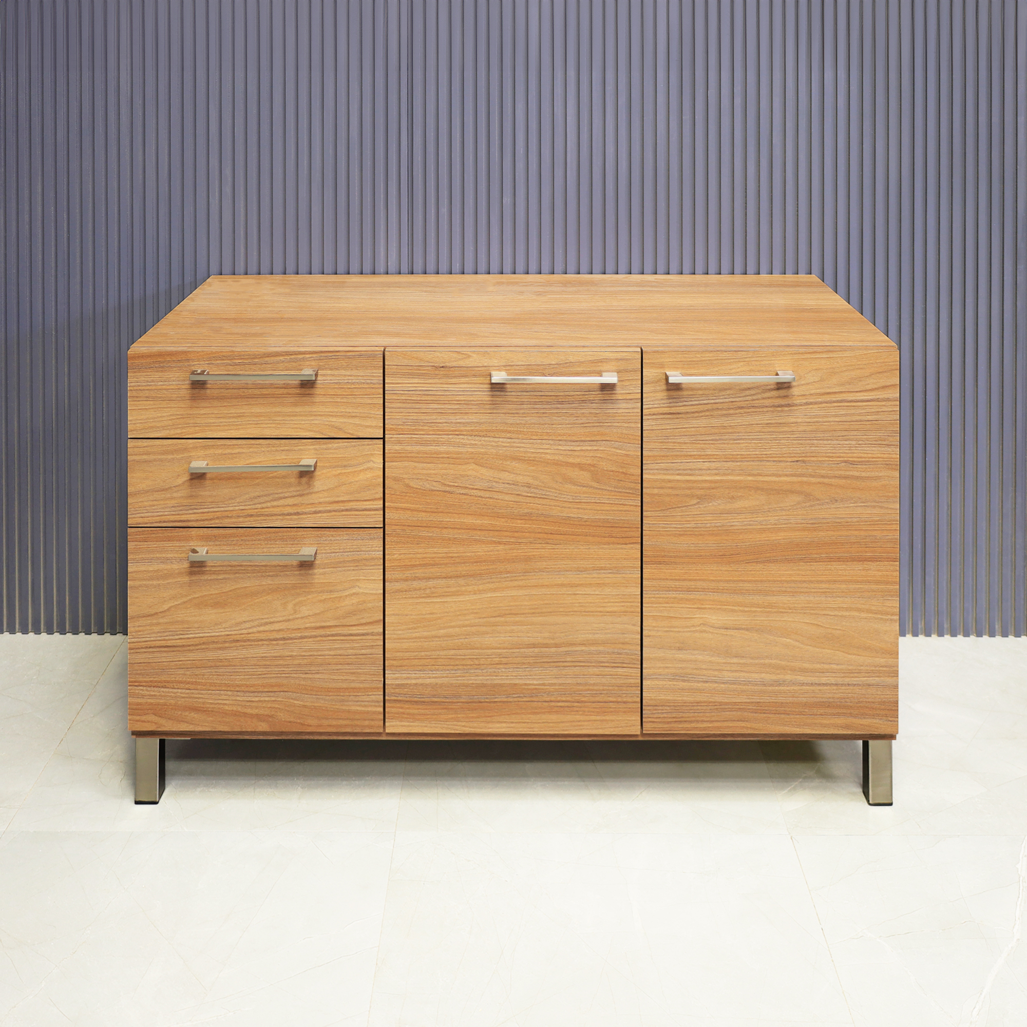 47-inch  Naples Custom Storage Credenza with uptown walnut matte laminate storage & doors, and brushed stainless steel handles & legs. 