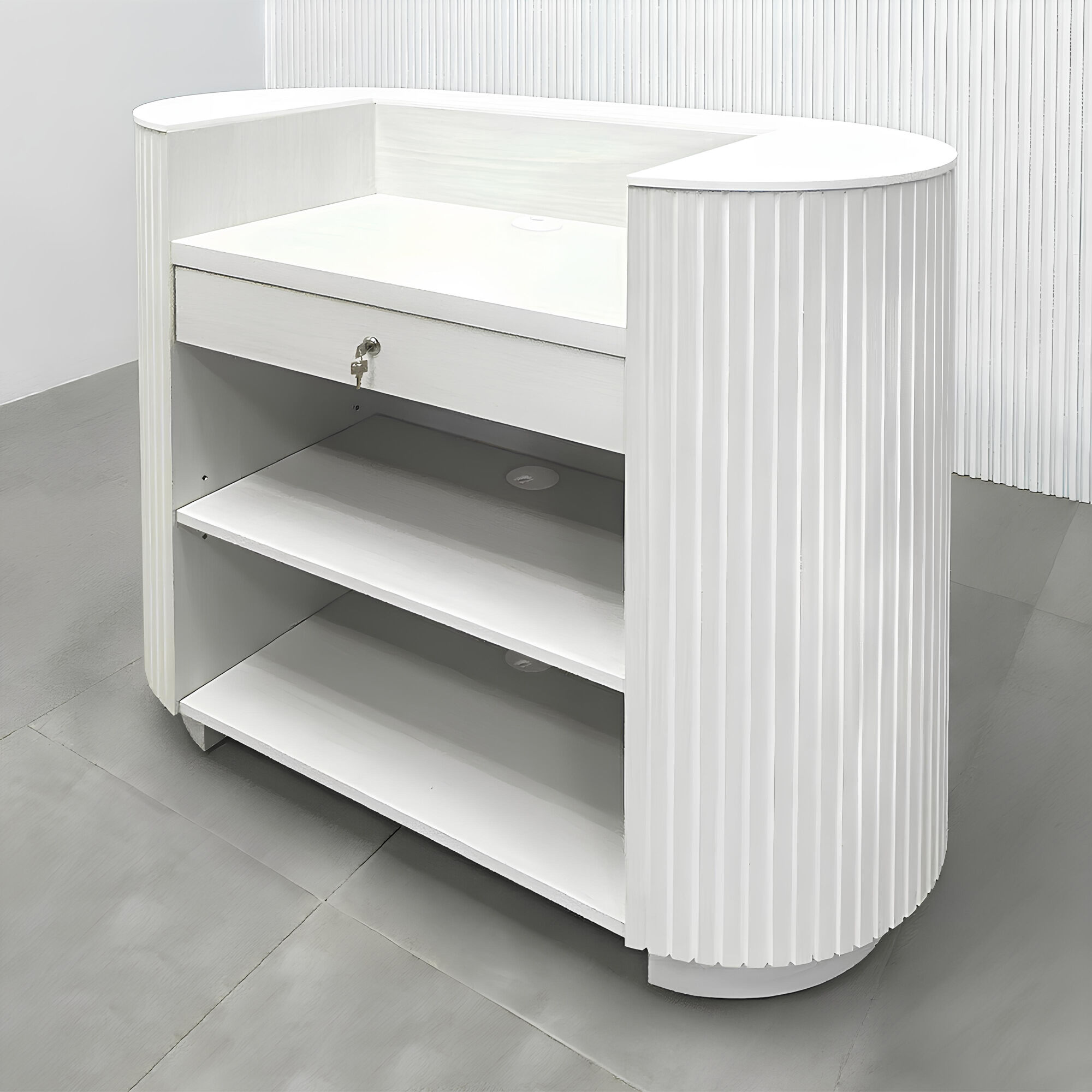 48-inch The Pill Reception Desk with white ash laminate desk, white ash tambour front accent, white ash laminate toe-kick.