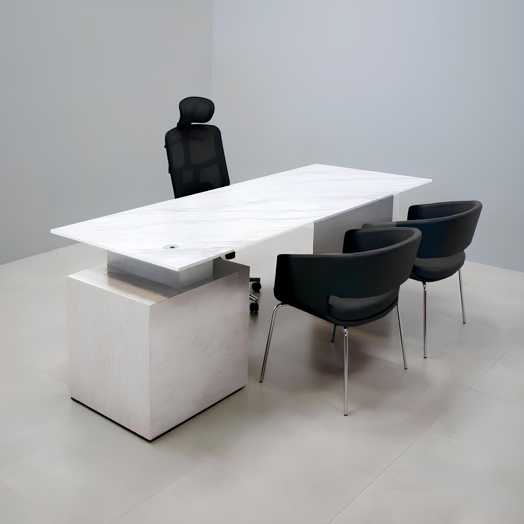 Avenue Straight Executive Desk With Engineered Surface Top, right side storage when sitting in calcutta blanc top and silver alchemy laminate base and storage shown here.