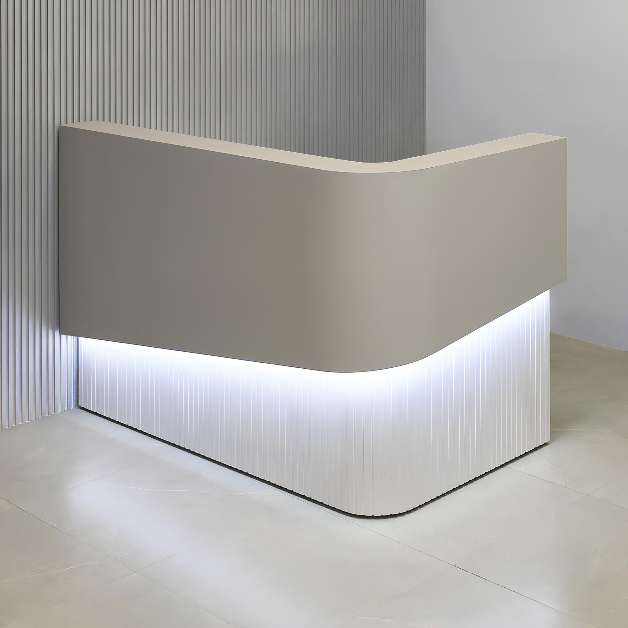 60-inch Nola L-Shape Curved Custom Reception Desk in folkstone gray matte laminate counter, white matte tambour fornt desk and white matte laminate workspace, with white LED, shown here.