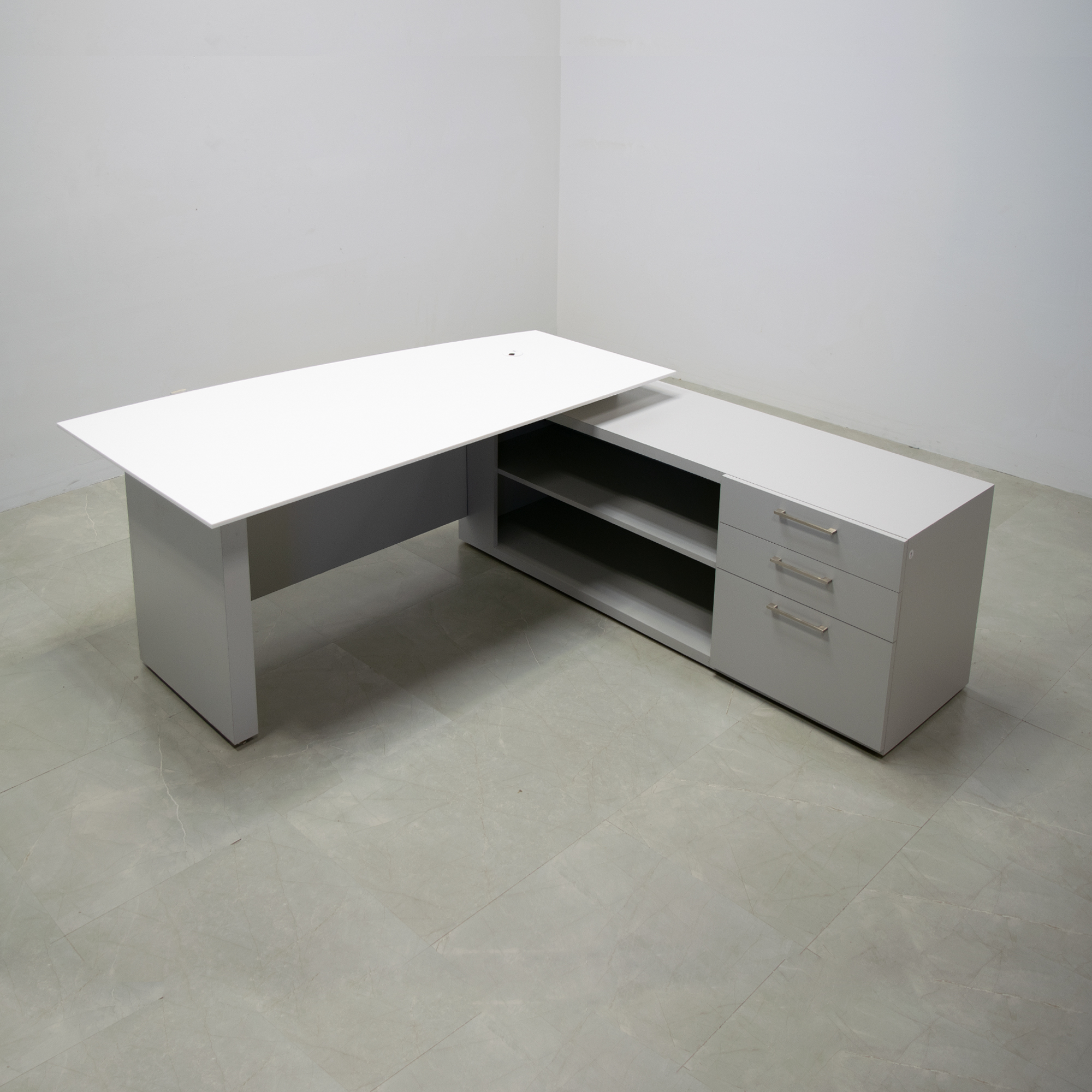 Avenue Curved Executive Desk With Credenza and Engineered Stone Top in white solid top and fog gray matte laminate base & credenza, and privacy panel shown here. 