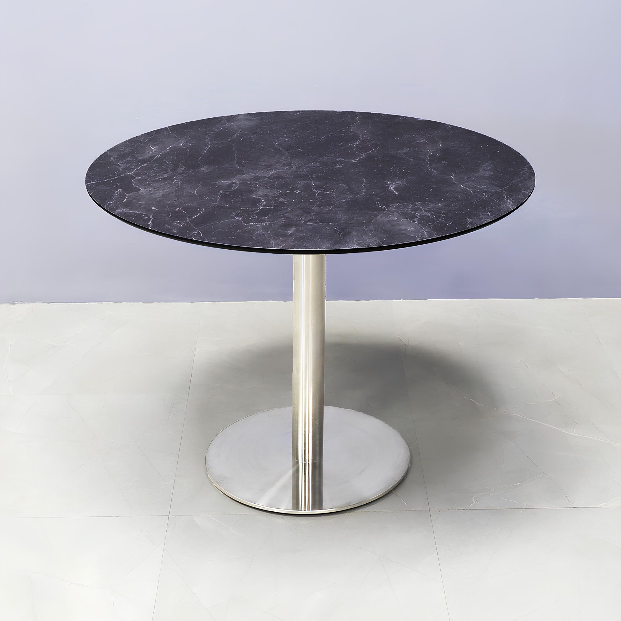 30-inch Aurora Conference Table with X1 Base with black amani engineered stone top and aluminum stainless steel base.