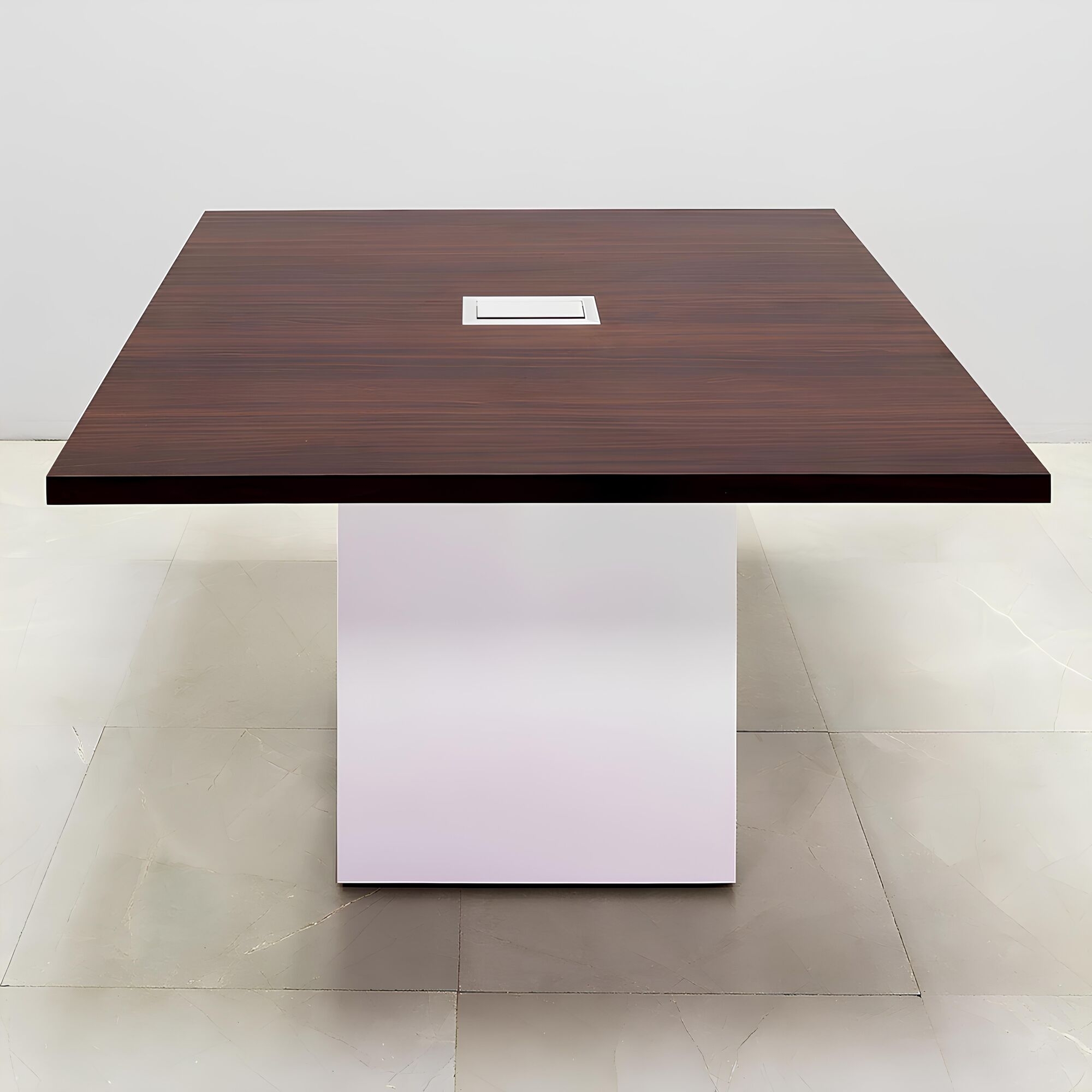 48-inch Newton Square Conference Table With Laminate Top in colombian walnut matte laminate, white gloss laminate base, and silver MX3 power box.