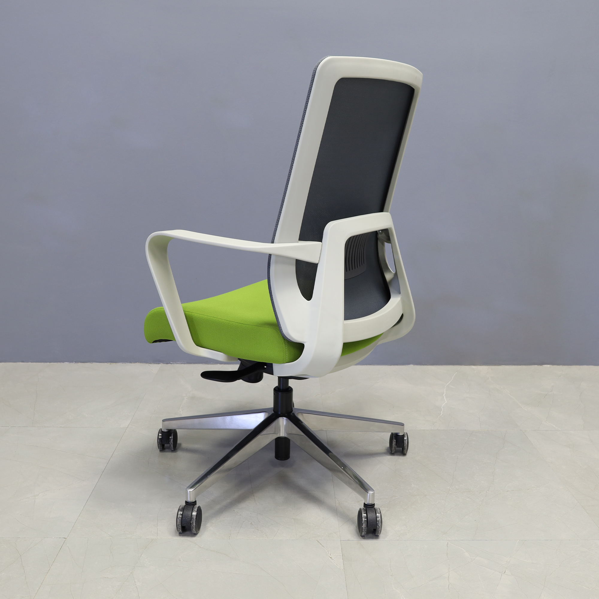 Terra Office Chair with Fixed Arms in light gray mesh back and lime green fabric seat cushion, shown here.