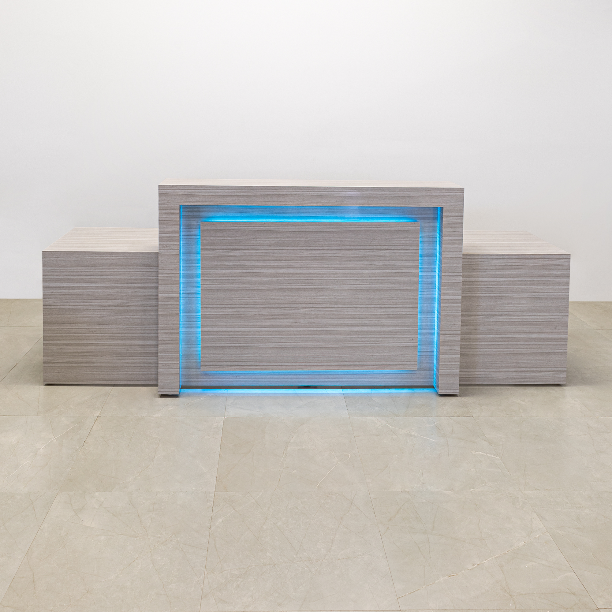 108-inch New York Extra Wide Custom Reception Desk in riviera gloss laminate counter, front panel, and desk, with multi-colored LED, shown here.