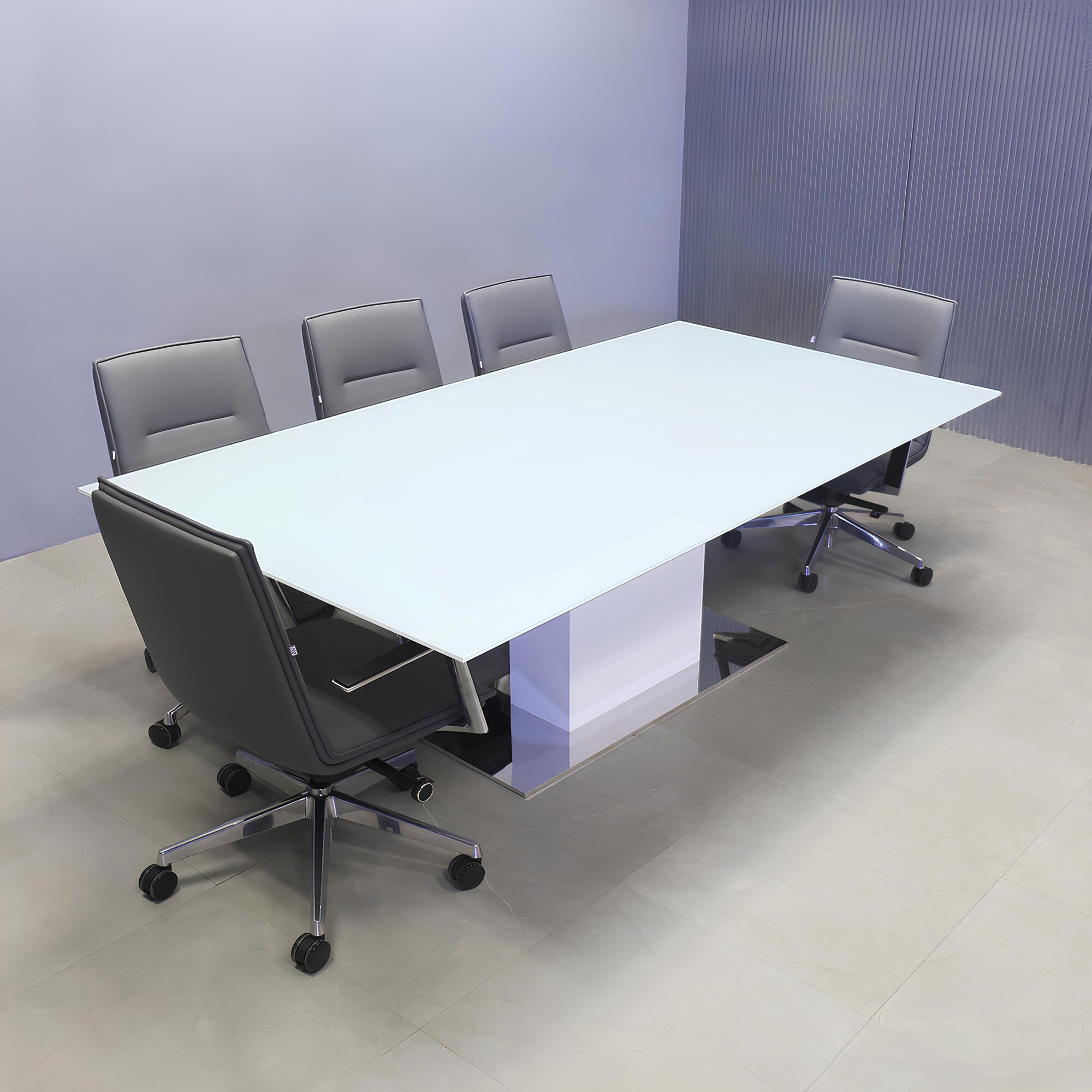 90-inch Omaha Rectangular Shape Conference Table, white gloss laminate pedestal with silver X3 base.