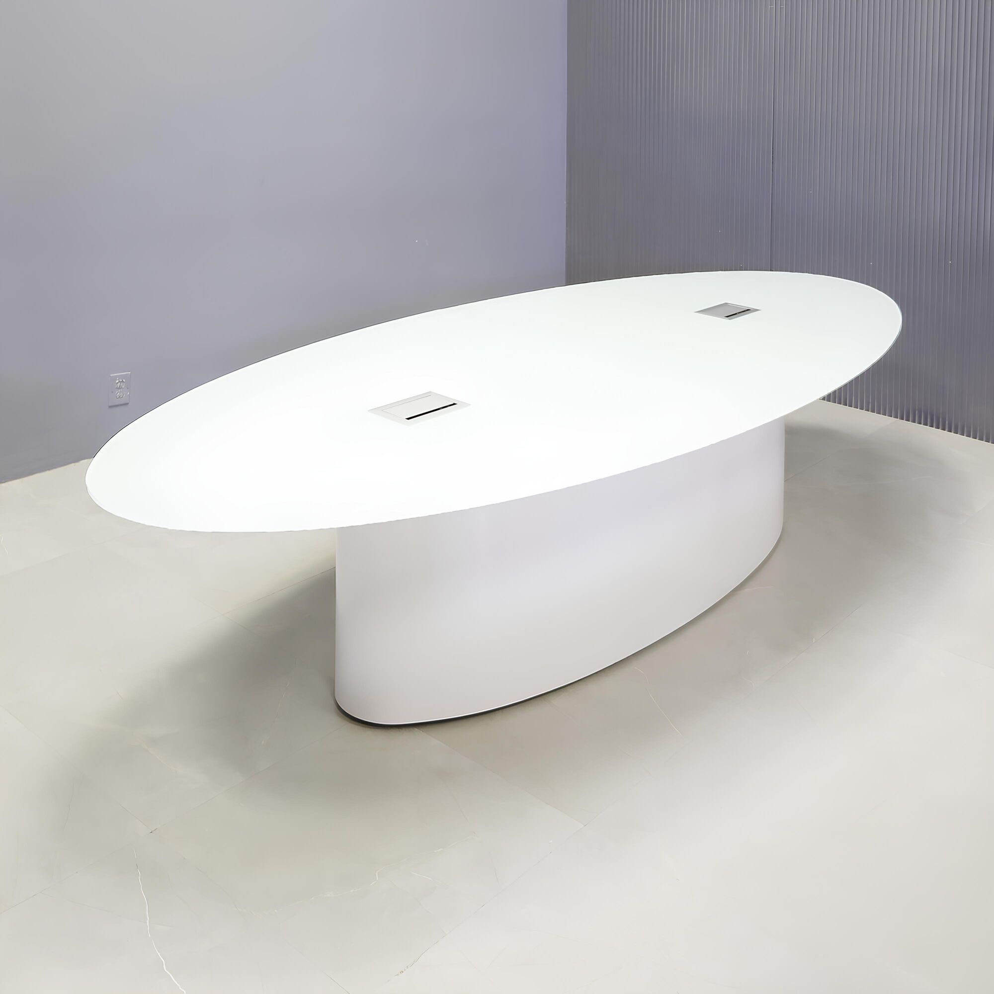 90-inch Omaha Oval Conference Table in 1/2-inch white tempered glass top, and white gloss laminate base.