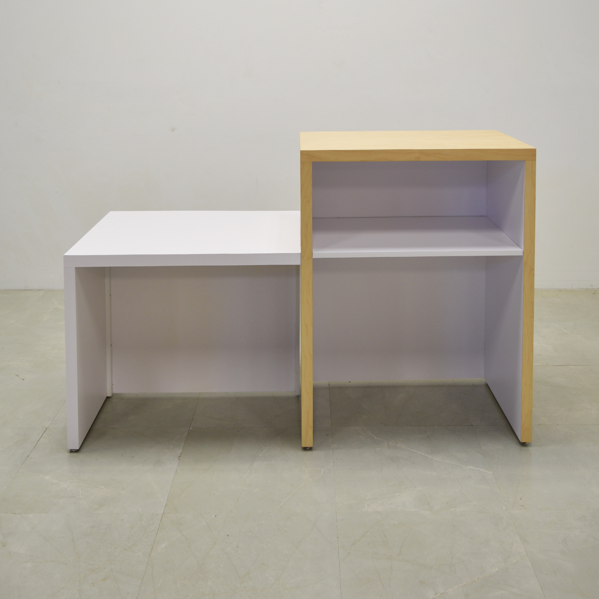 72 inches Phoenix Reception Desk in white matte laminate desk with a maple wood veneer counter, seating side view shown here.