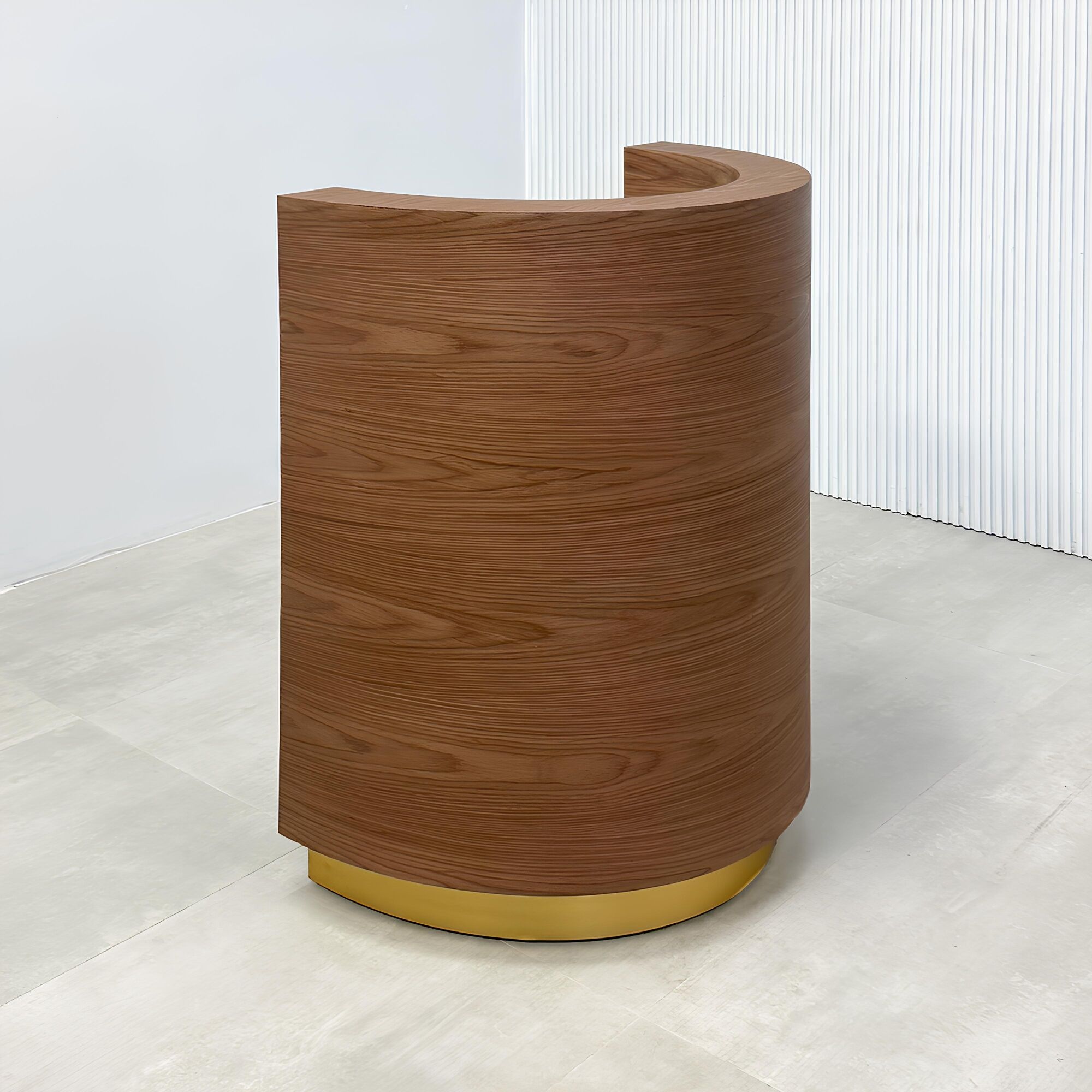 Lima Round Podium & Host Custom Desk with walnut wood veneer main body, walnut wood veneer workspace, gold aluminum toe-kick, and white LED.