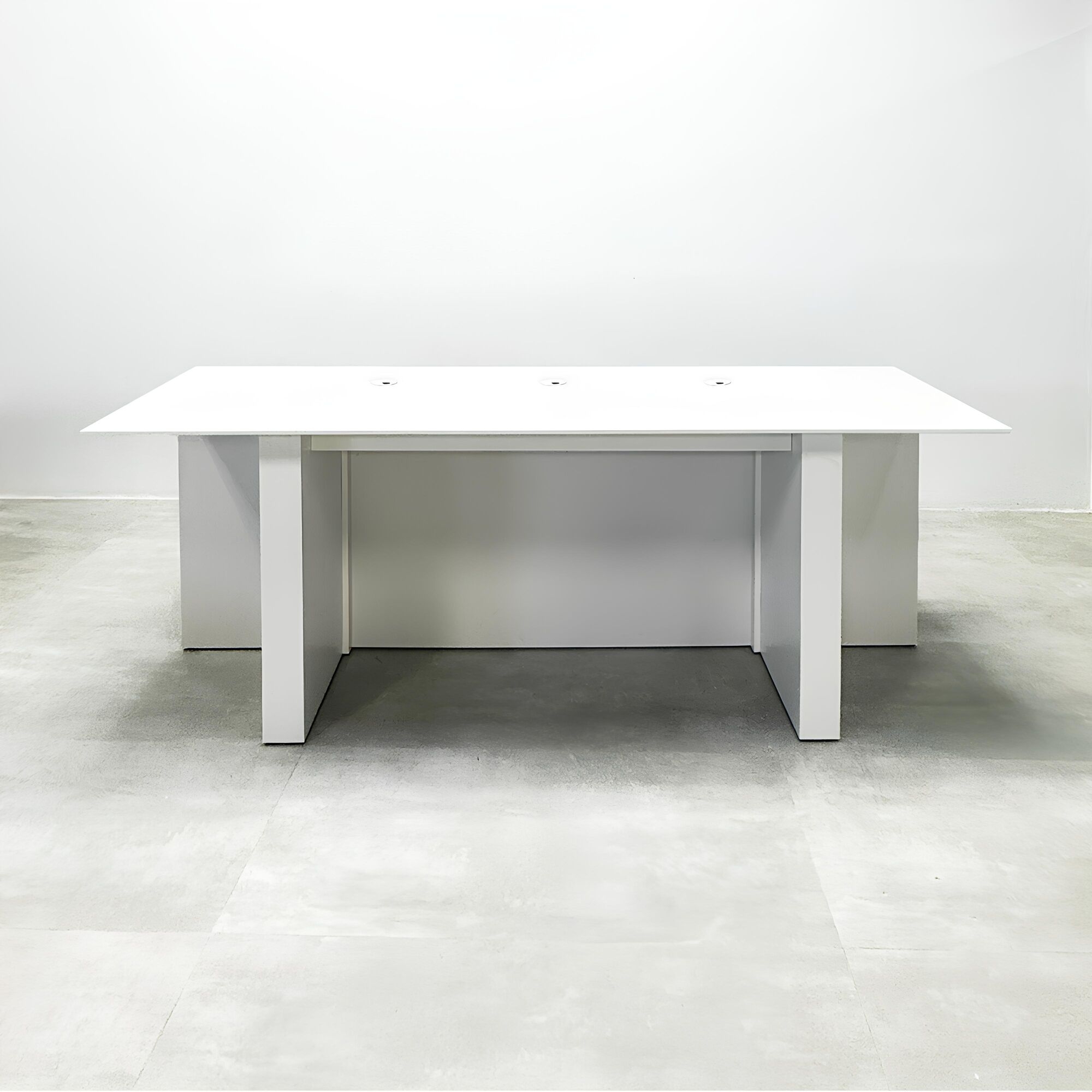 90-inch Savannah Handmade Podcast Table with white solid engineered surface top, white oak tambour front accent, dover off-white matte laminate base and back, and white LED.