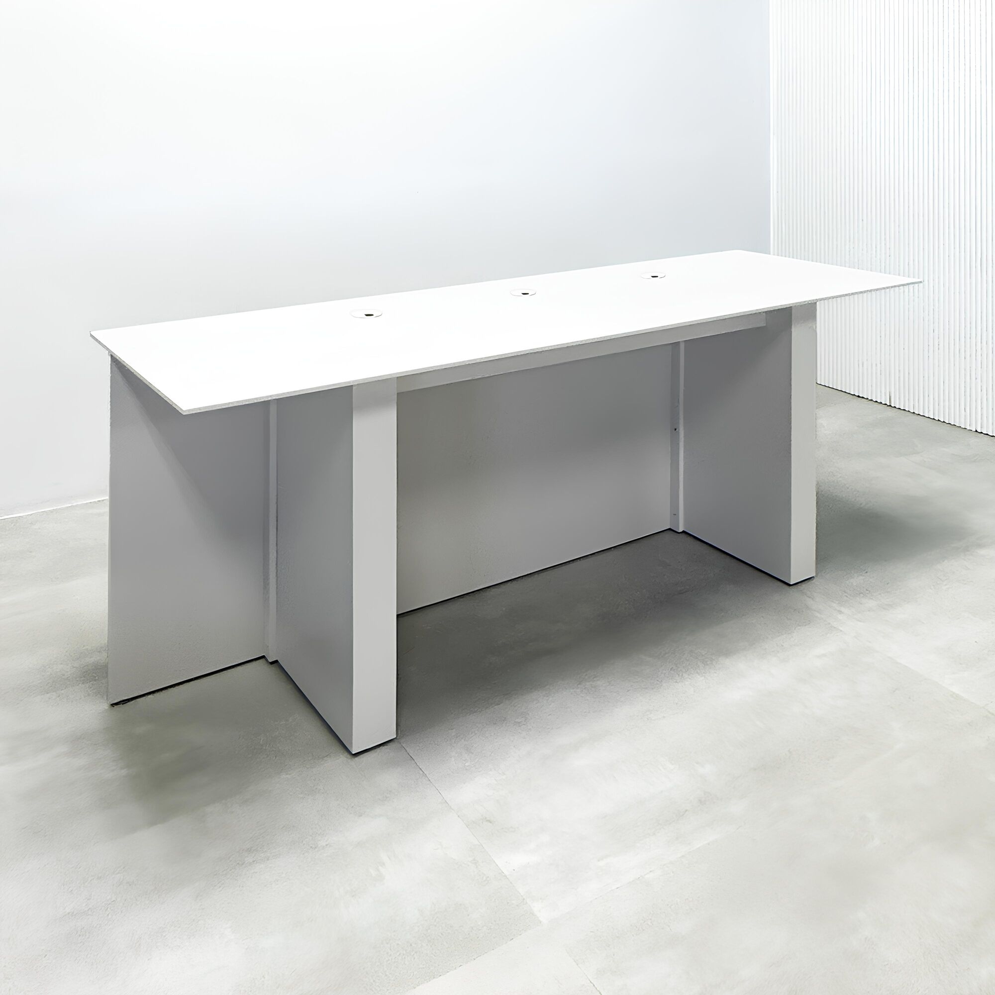 90-inch Savannah Handmade Podcast Table with white solid engineered surface top, white LED, white oak tambour front base, and dover off-white matte laminate back base.