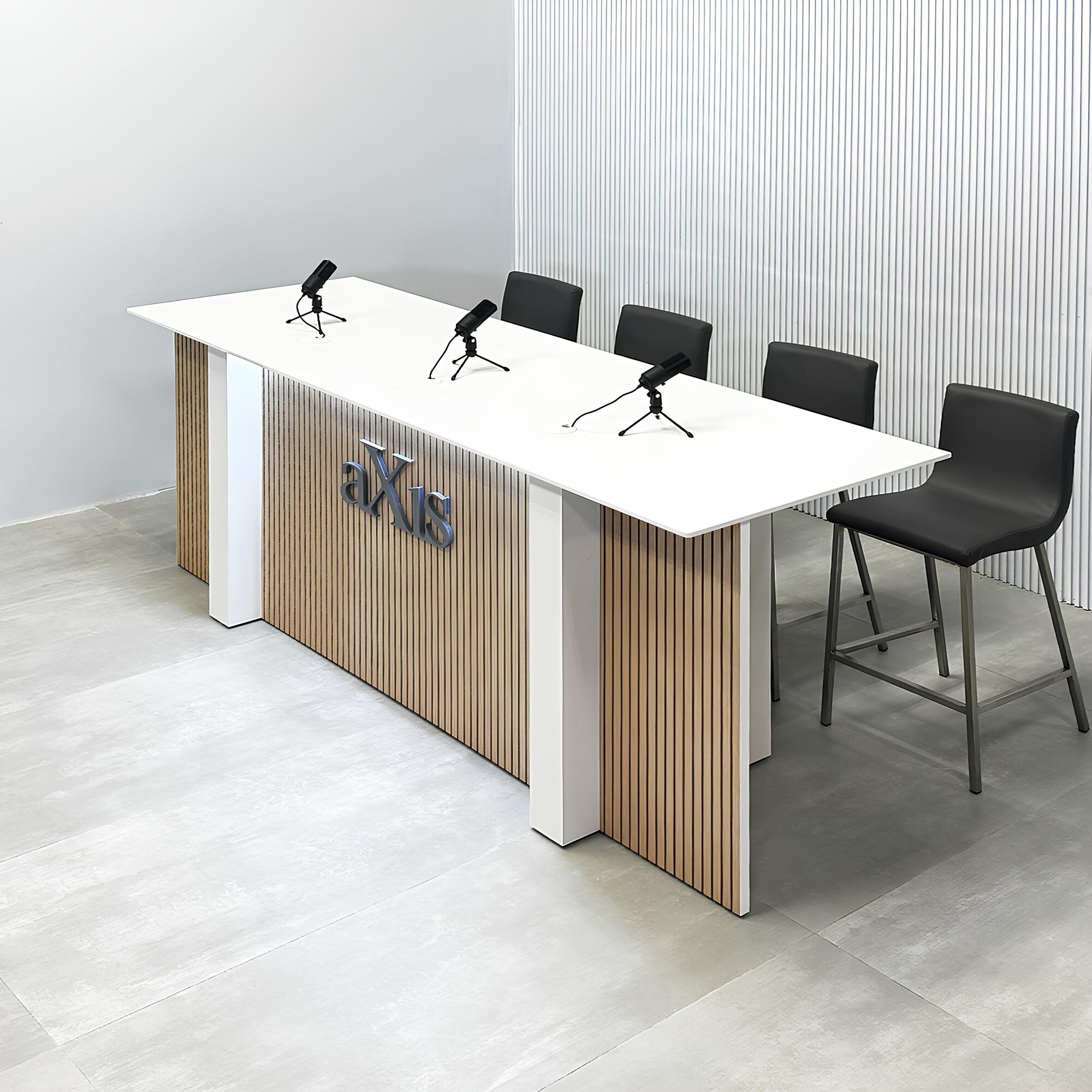 90-inch Savannah Handmade Podcast Table with white solid engineered surface top, white LED, white oak tambour front base, and dover off-white matte laminate back base.