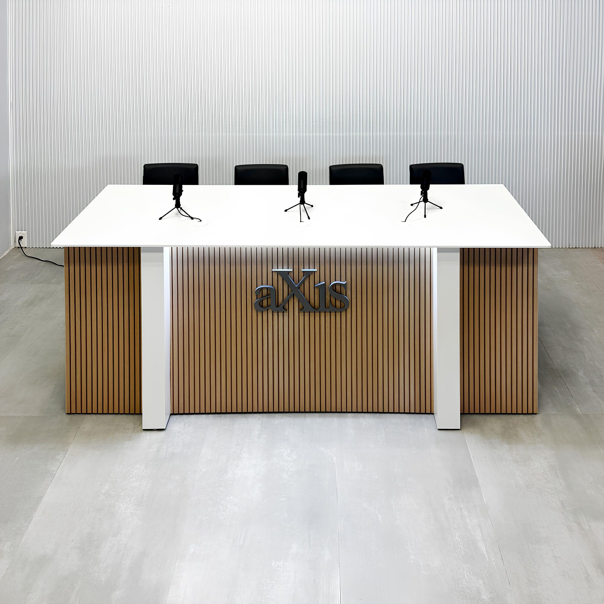 90-inch Savannah Handmade Podcast Table with white solid engineered surface top, white LED, white oak tambour front base, and dover off-white matte laminate back base.