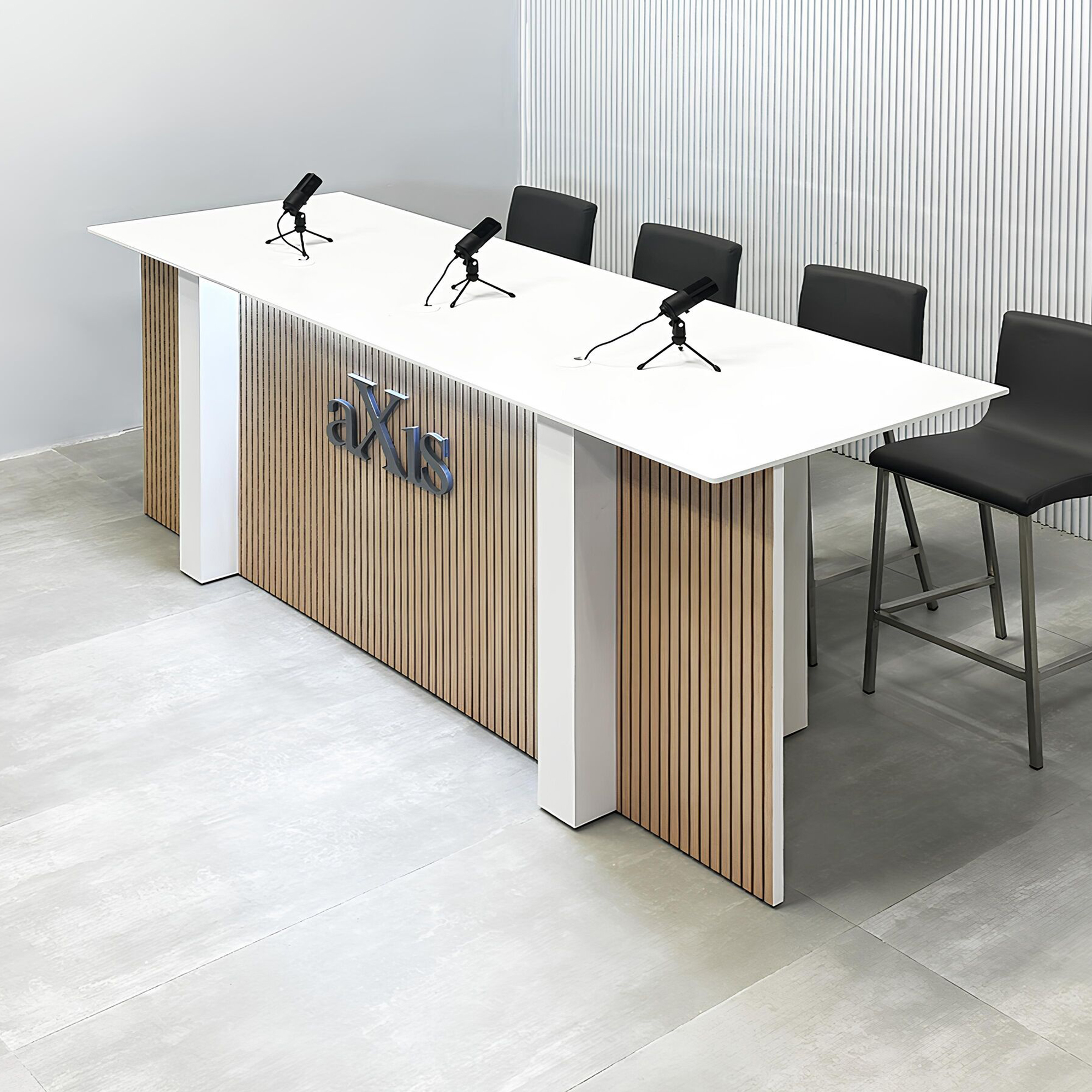 90-inch Savannah Handmade Podcast Table with white solid engineered surface top, white LED, white oak tambour front base, and dover off-white matte laminate back base.