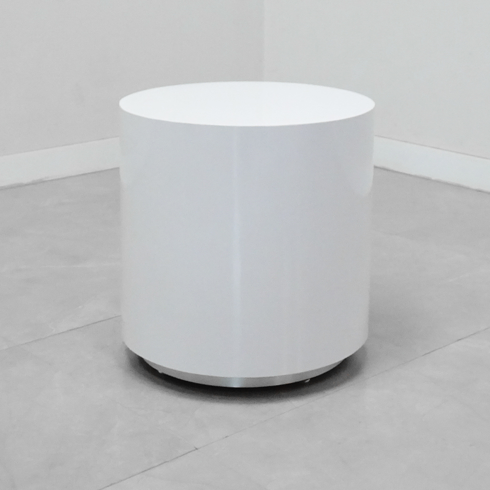 Norfolk Round Lobby Side Table in white gloss laminate finish shown here.