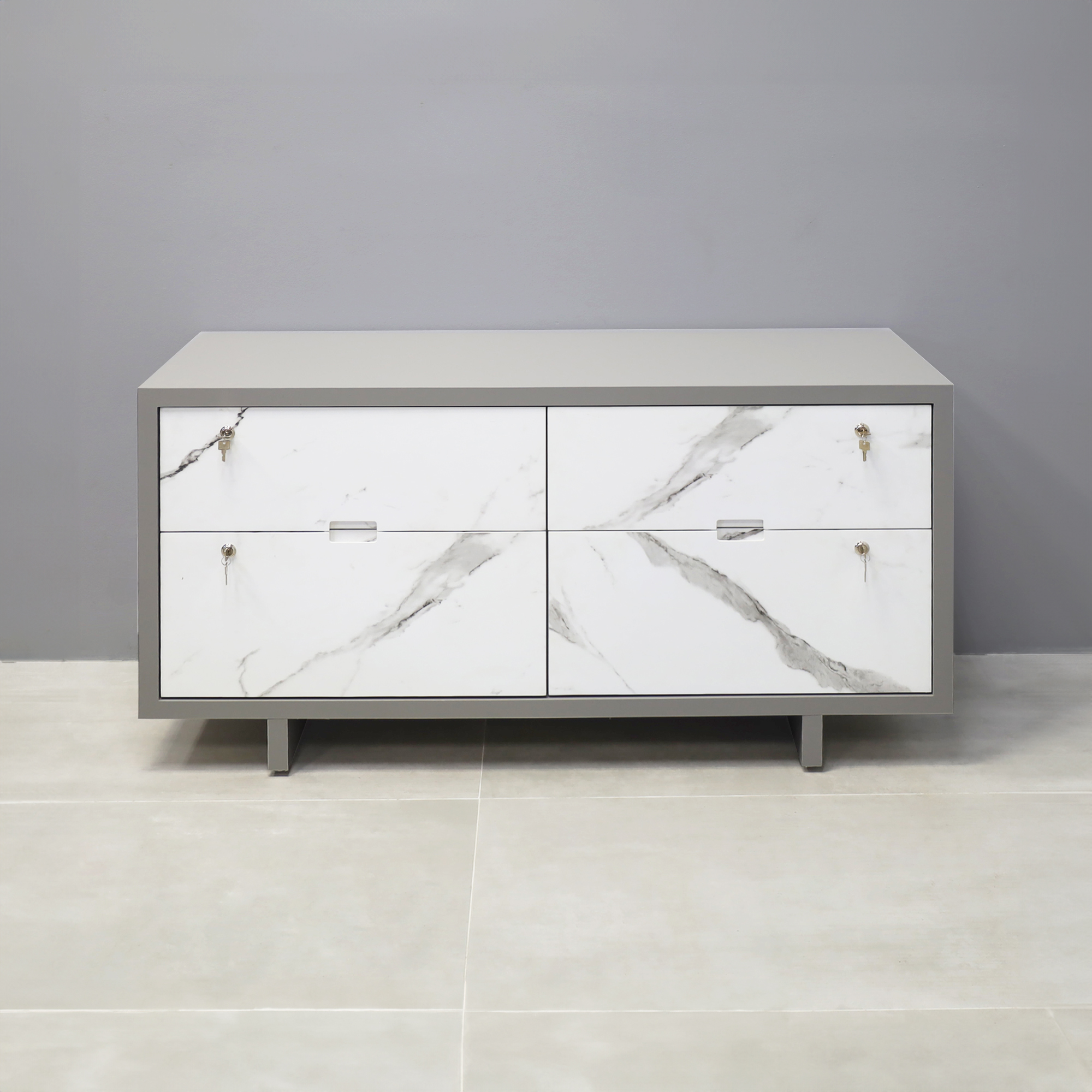 60-inch Seattle storage credenza with fog gray matte laminate body and calcutta stone PVC laminate drawers.