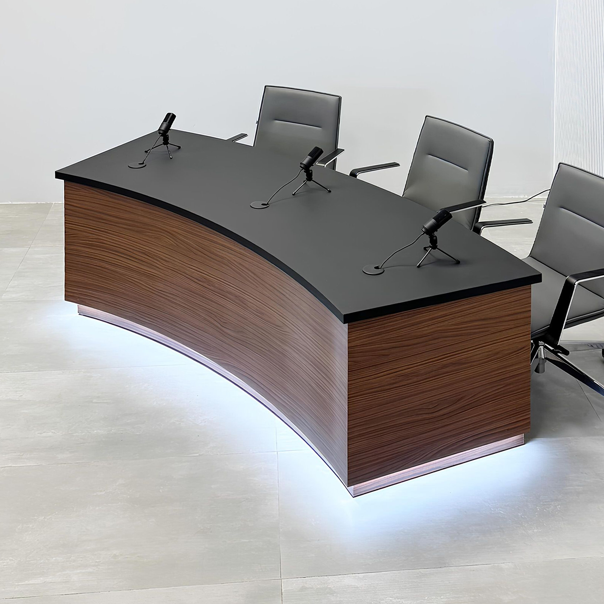 Seattle Podcast Table with black traceless top, walnut heights front, and black matte inside.