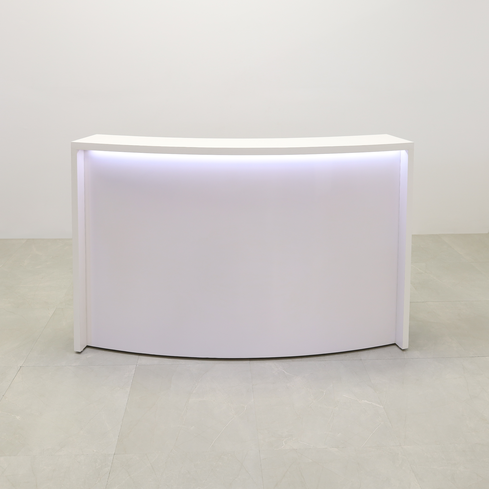 72-inch Seattle X1 Custom Reception Desk in white matte laminate desk and curved front panel, with white LED, shown here.