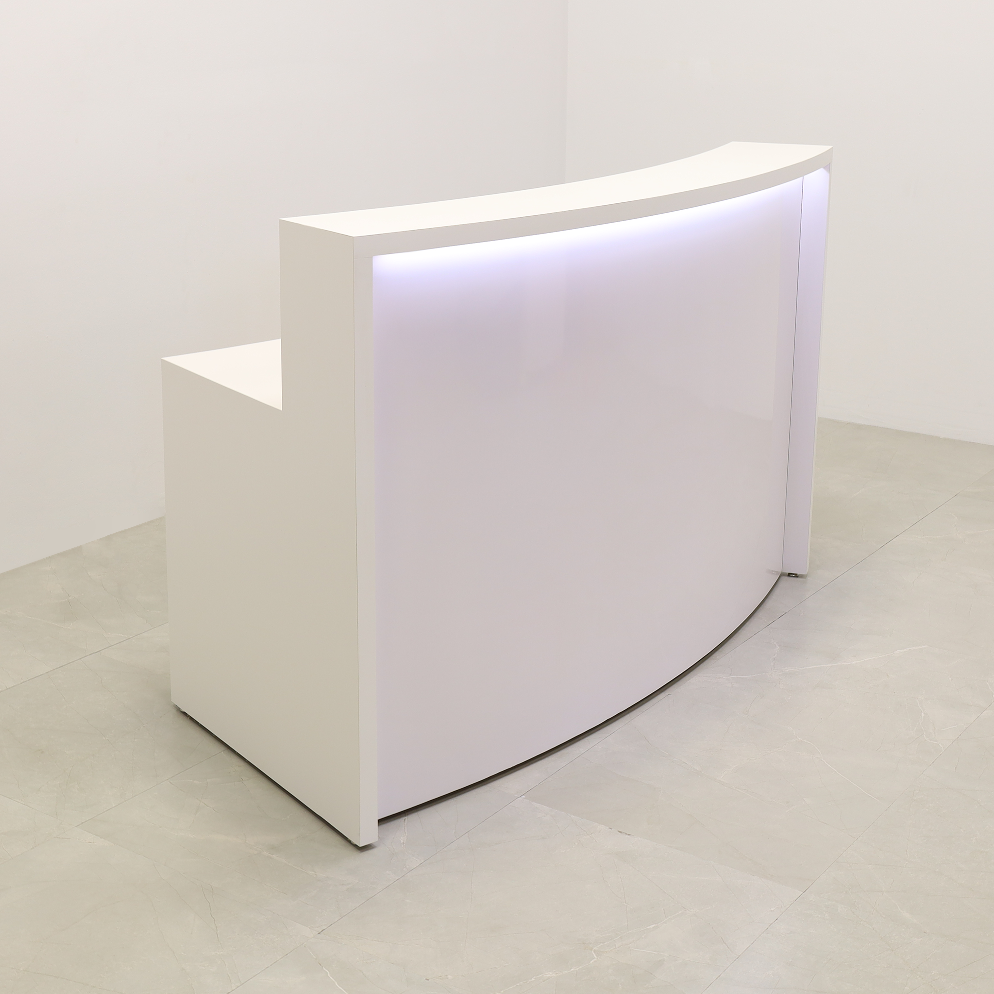 72-inch Seattle X1 Custom Reception Desk in white matte laminate desk and curved front panel, with white LED, shown here.