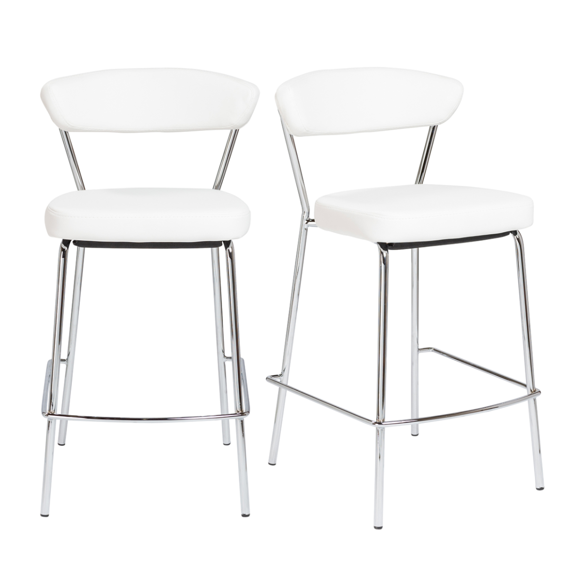 Two Draco Cunter Stool in white soft leatherette over foam seat and back, and chromed steel frame and base shown here.