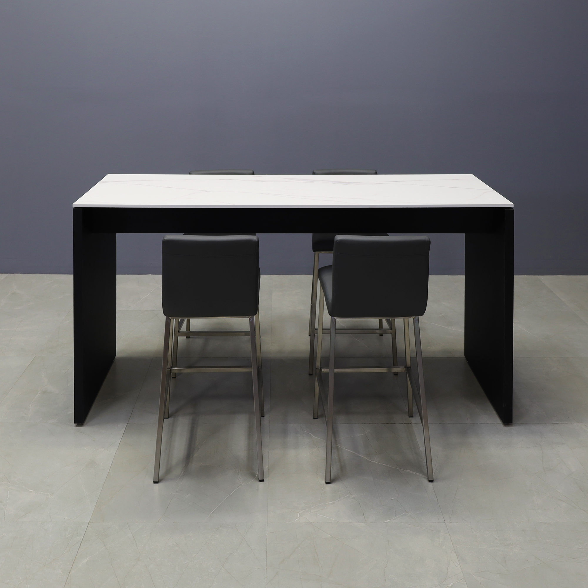 Ashville Engineered Stone Bar Table in solenne marble top and black traceless laminate base shown here.