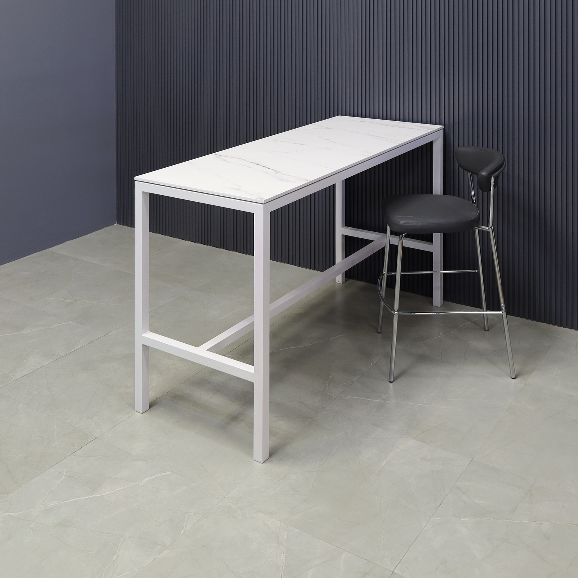 Aspen Engineered Stone Bar Table in solenne marble top and white aluminum frame shown here.