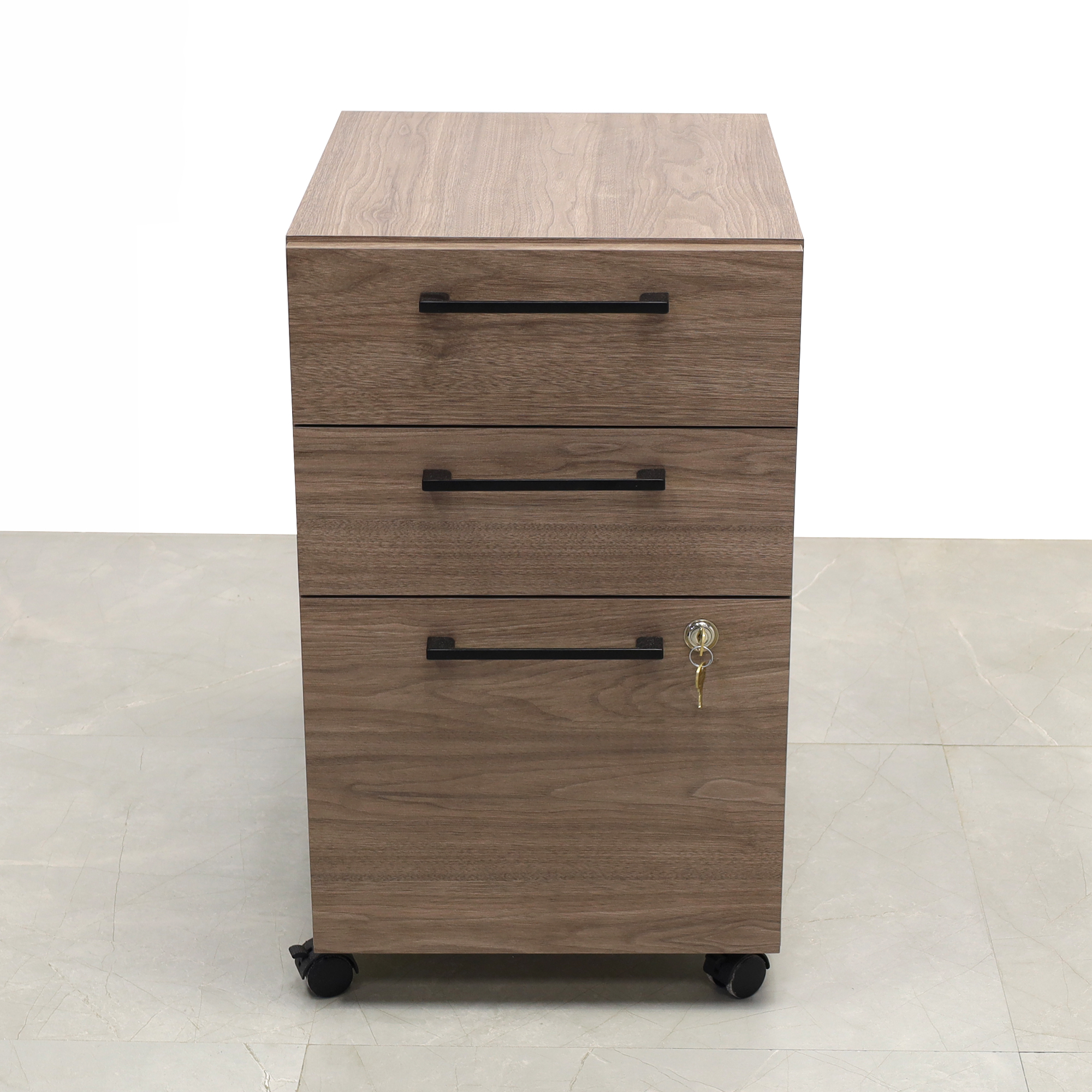 Naples Custom Mobile Storage Cabinet in hazel walnut matte laminate and lock on third drawer, shown here.