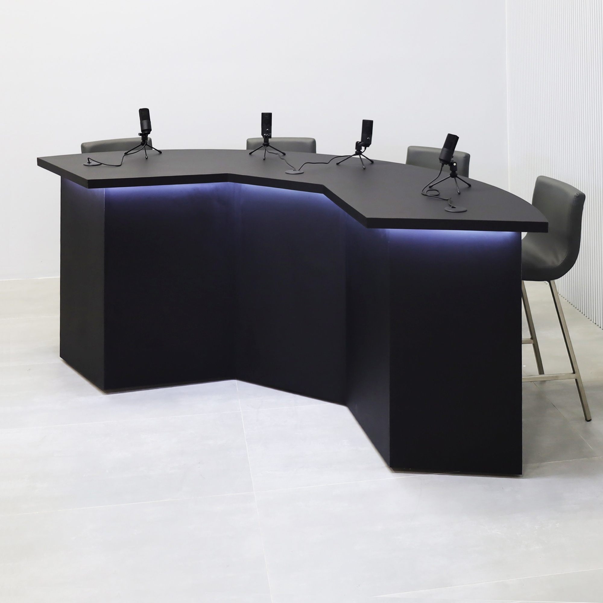90-inch Tampa Bay Custom Handmade Podcast Table in BLACK TRACELESS laminate top & front base, and black matte laminate back base, with Color LED.