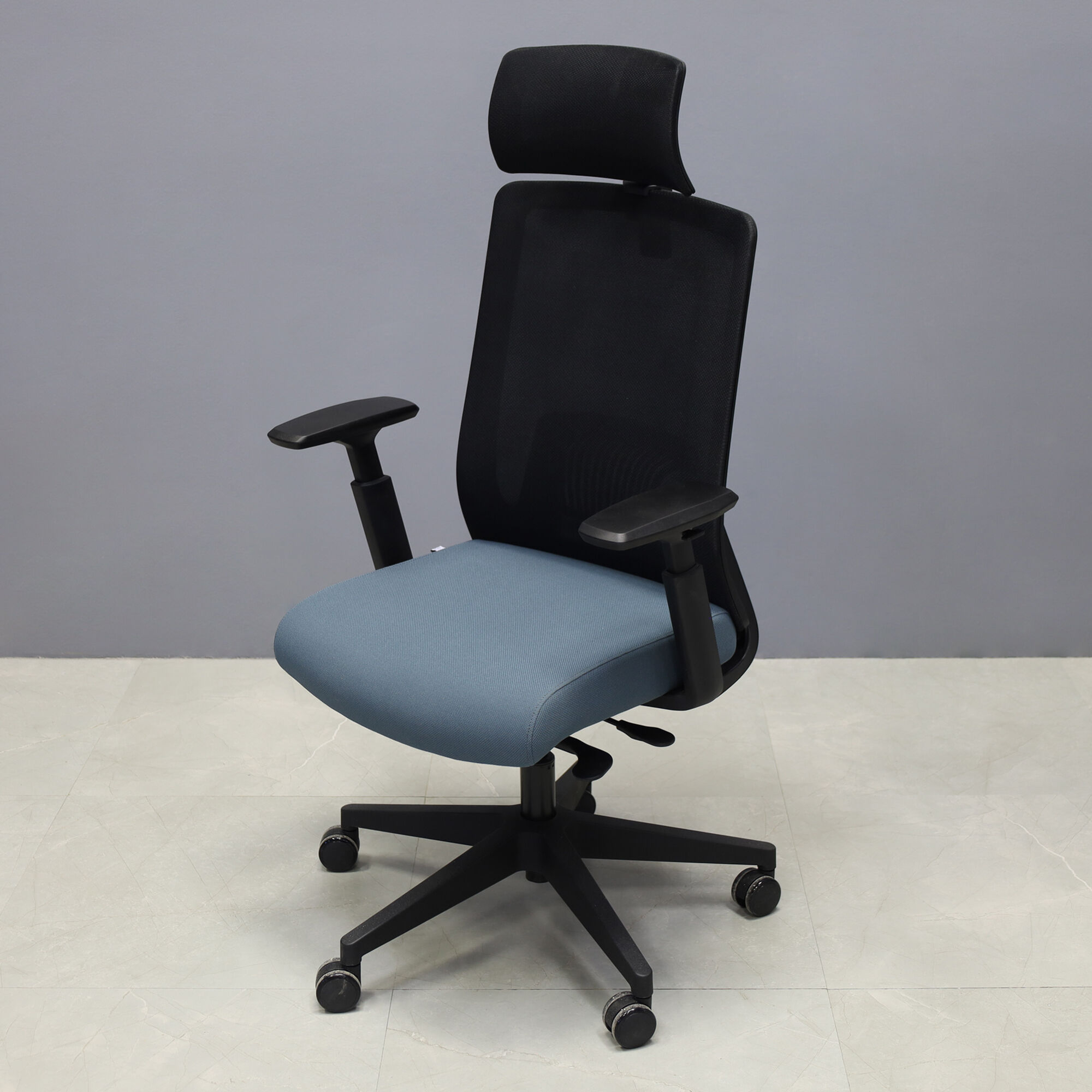 Terra Ergo Office Chair in black mesh back and gray fabric seat cushion, shown here.