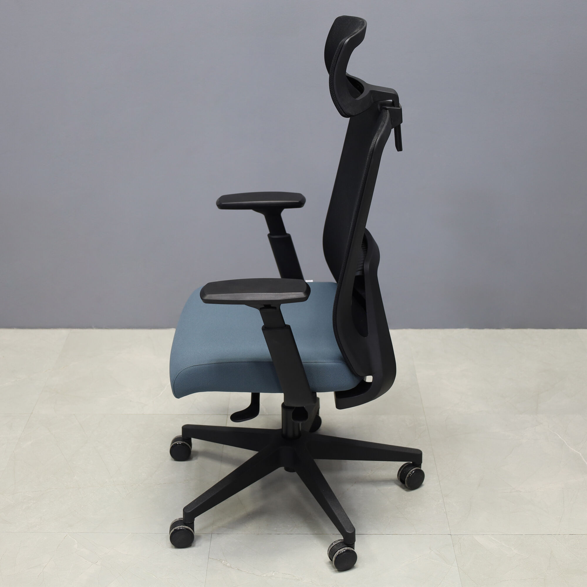Terra Ergo Office Chair in black mesh back and gray fabric seat cushion, shown here.