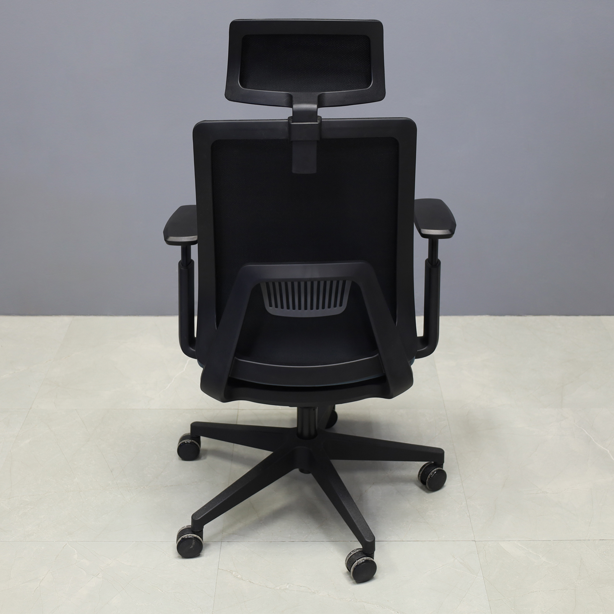 Terra Ergo Office Chair in black mesh back and gray fabric seat cushion, shown here.