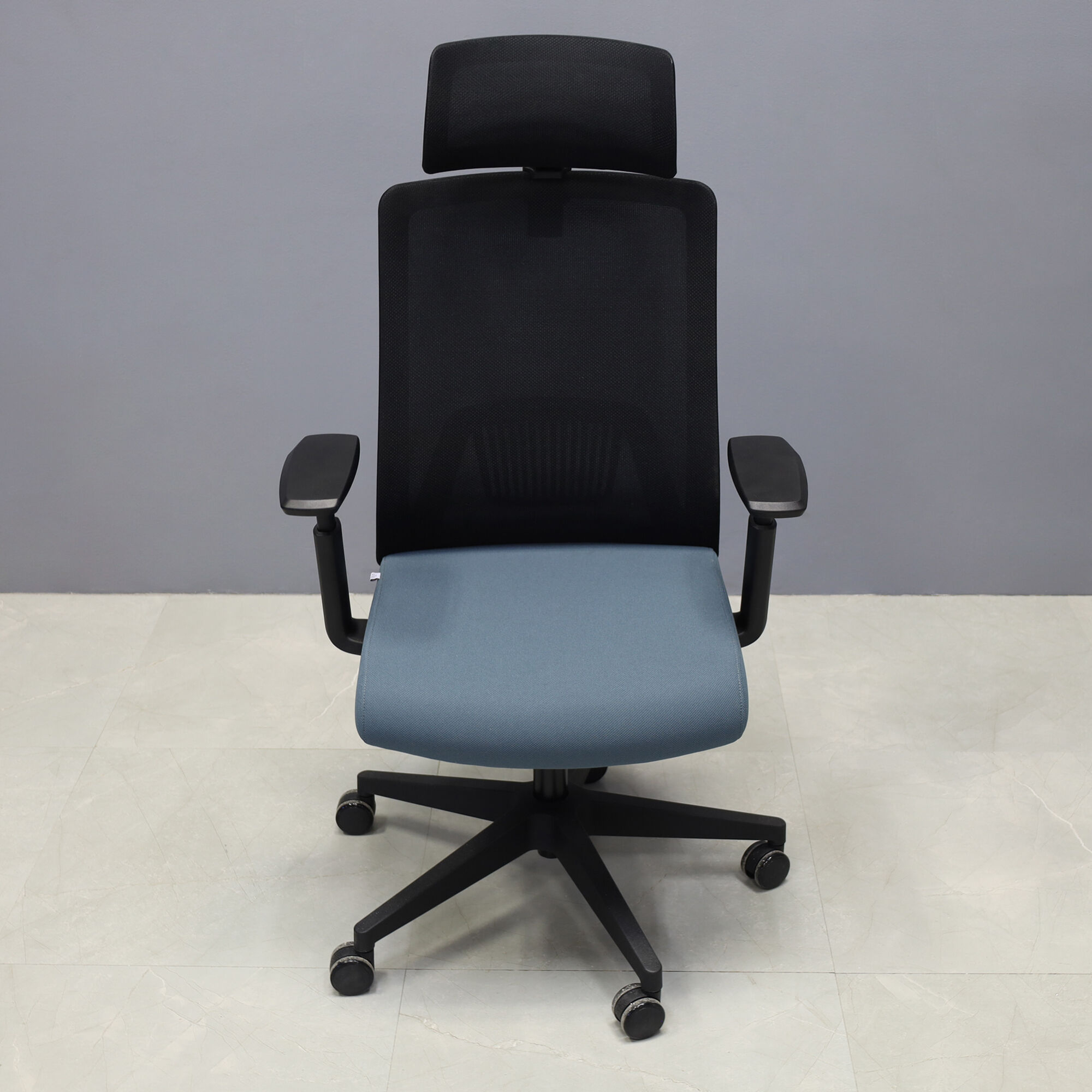Terra Ergo Office Chair in black mesh back and gray fabric seat cushion, shown here.