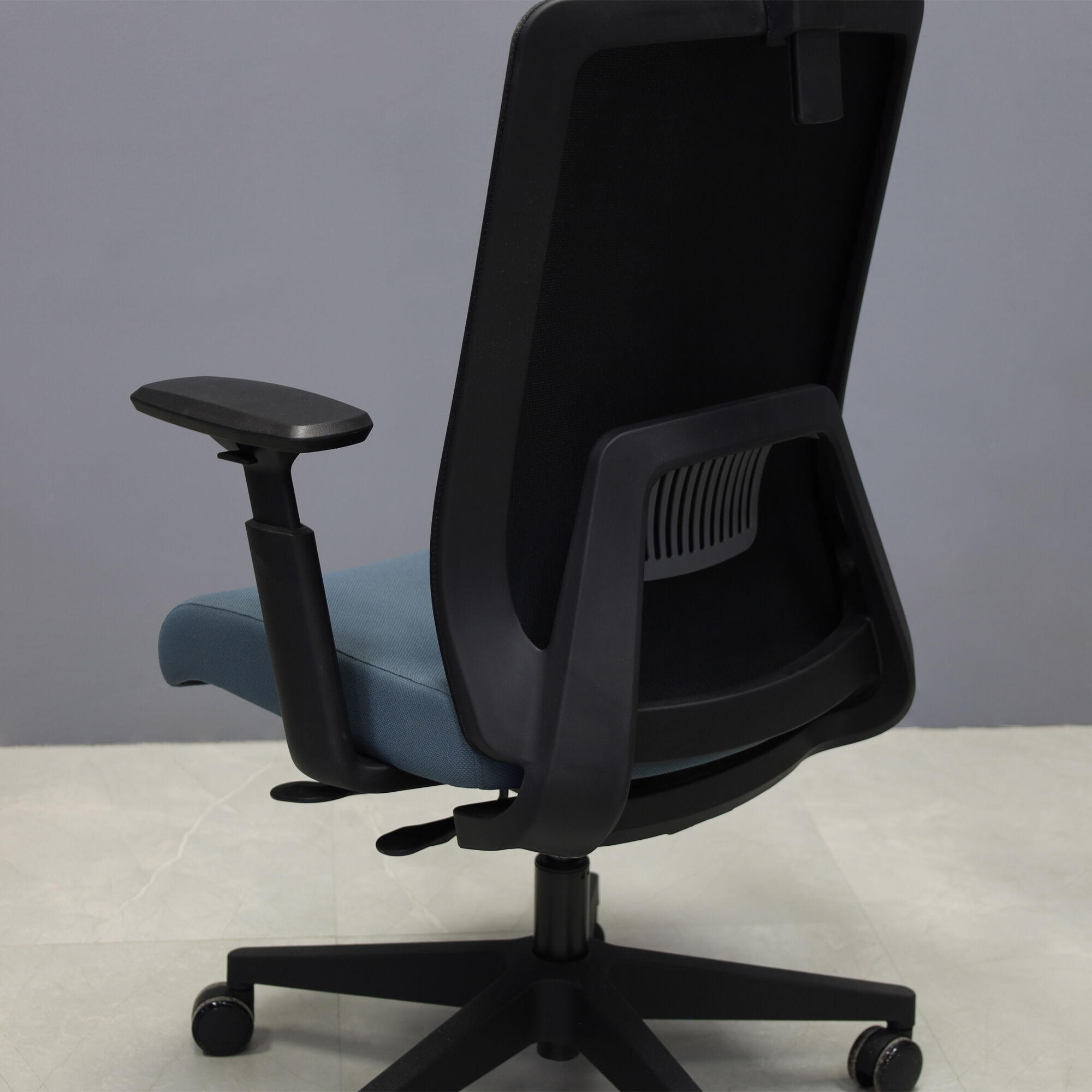 Terra Ergo Office Chair in black mesh back and gray fabric seat cushion, shown here.