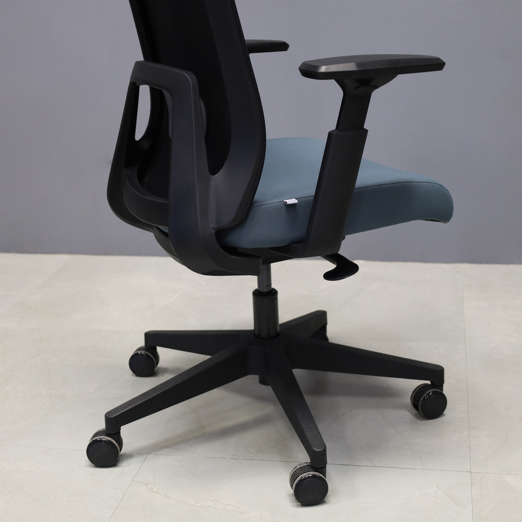 Terra Ergo Office Chair in black mesh back and gray fabric seat cushion, shown here.