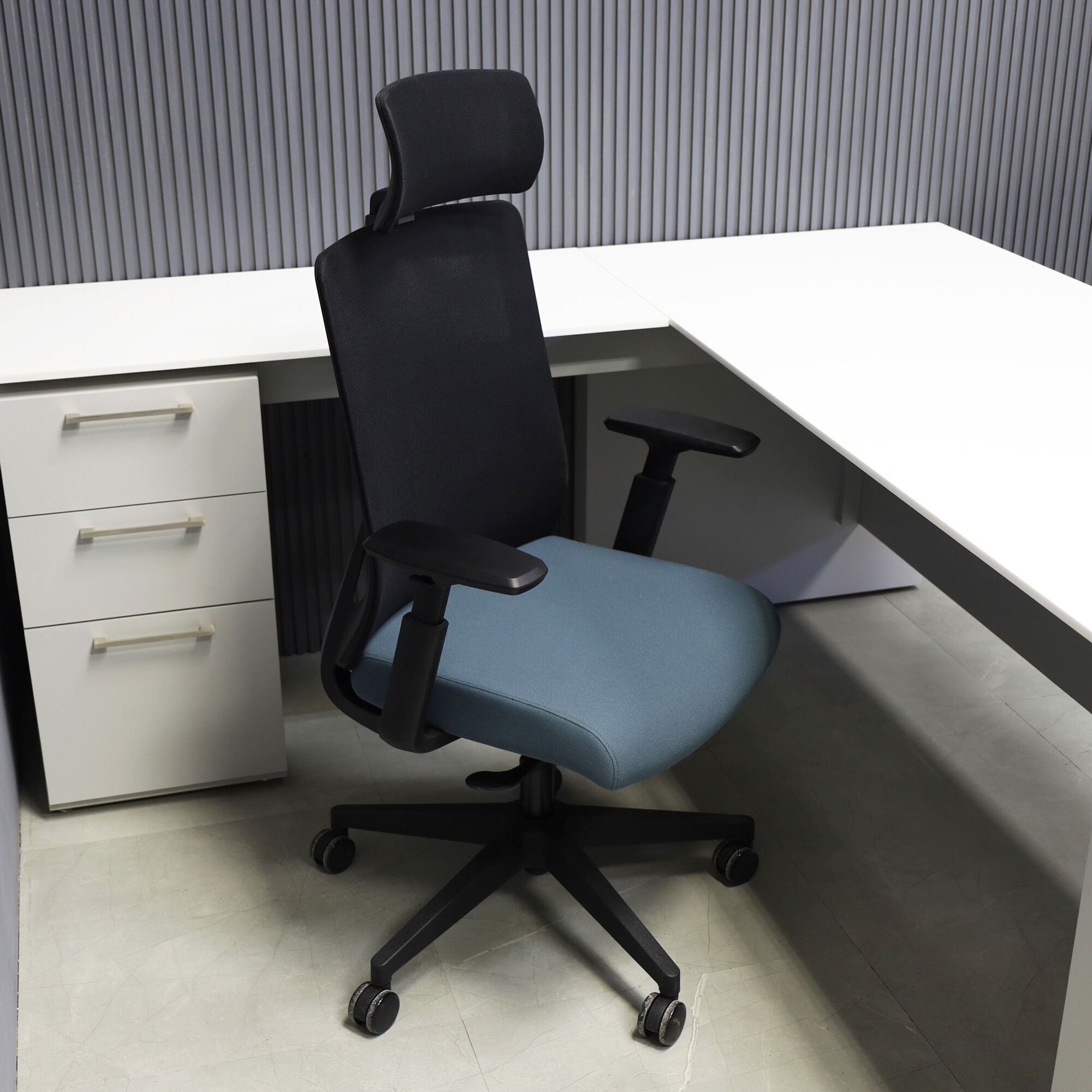 Terra Ergo Office Chair in black mesh back and gray fabric seat cushion, shown here.