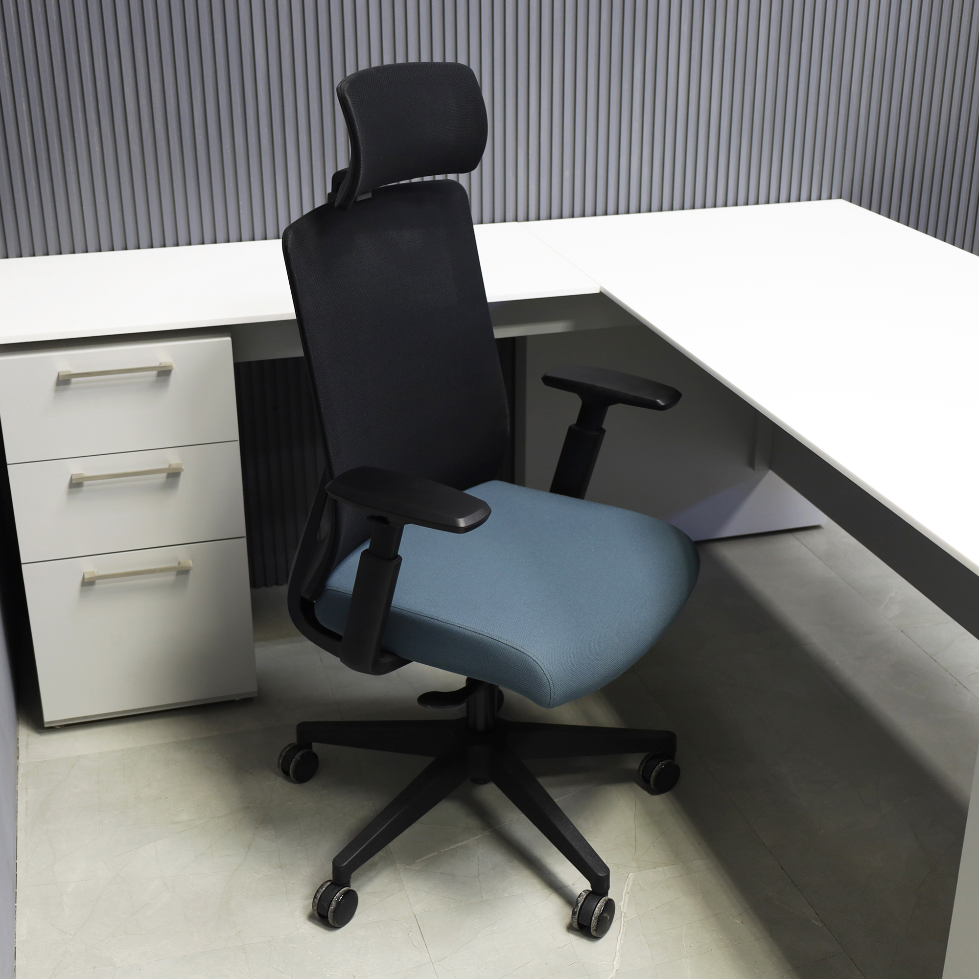 Terra Ergo Office Chair in black mesh back and gray fabric seat cushion, shown here.