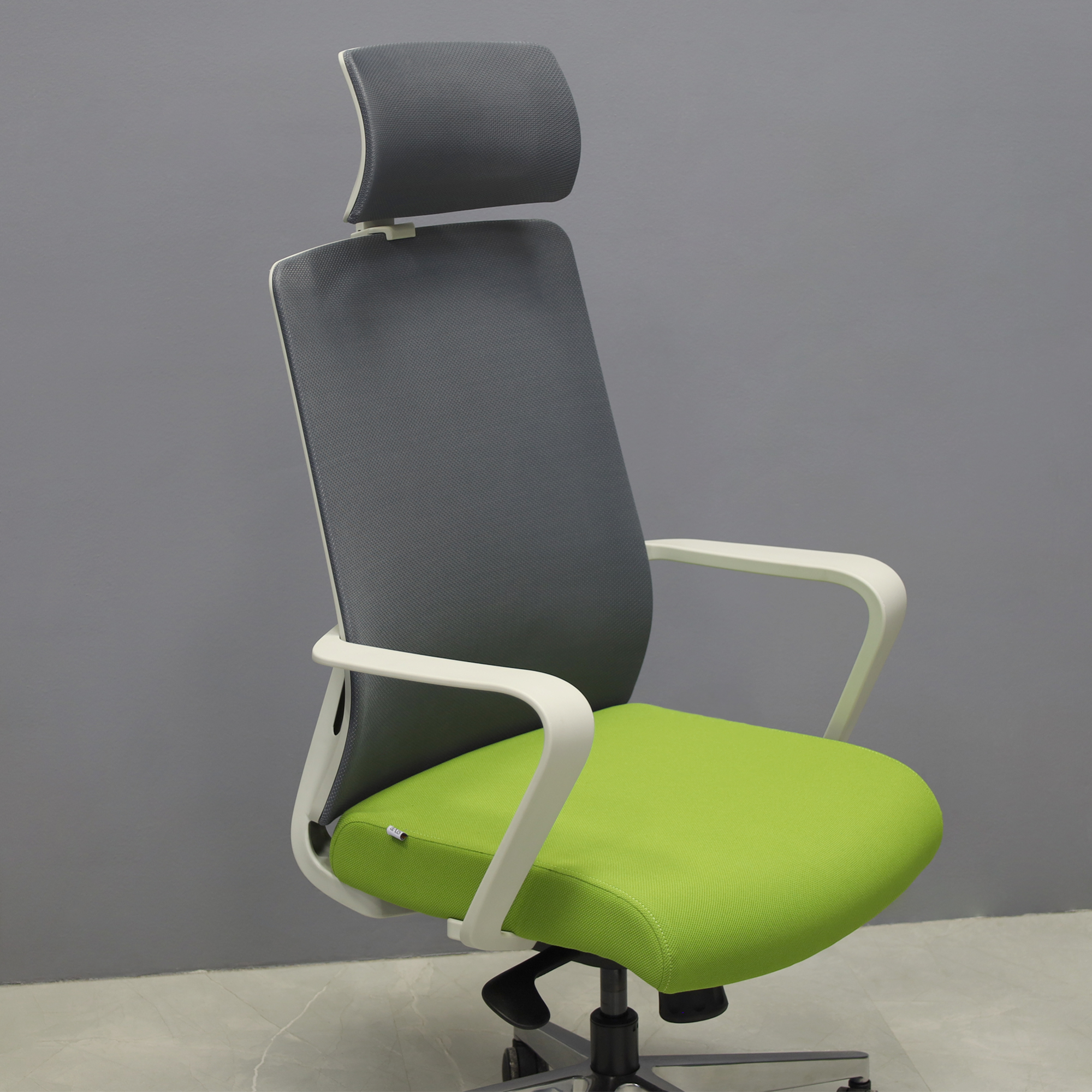 Terra Office Chair with Fixed Arms in light gray mesh back and lime green fabric seat cushion, shown here.