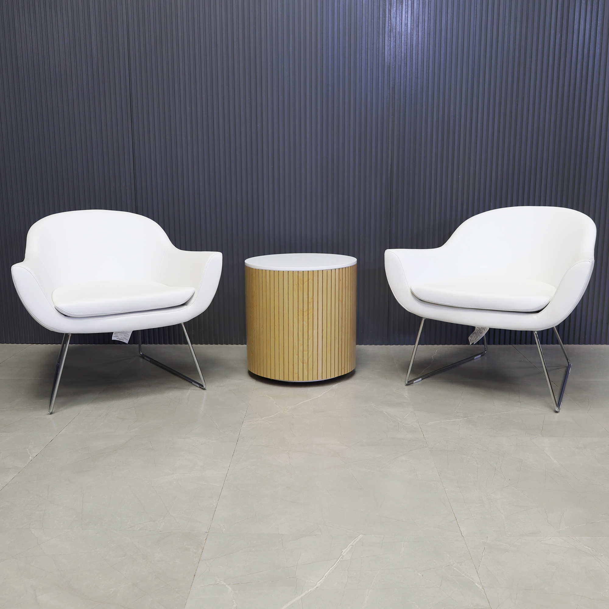 Set of Two White Leatherette Lounge Chairs and One FREE Norfolk Round Lobby Side Table shown here.